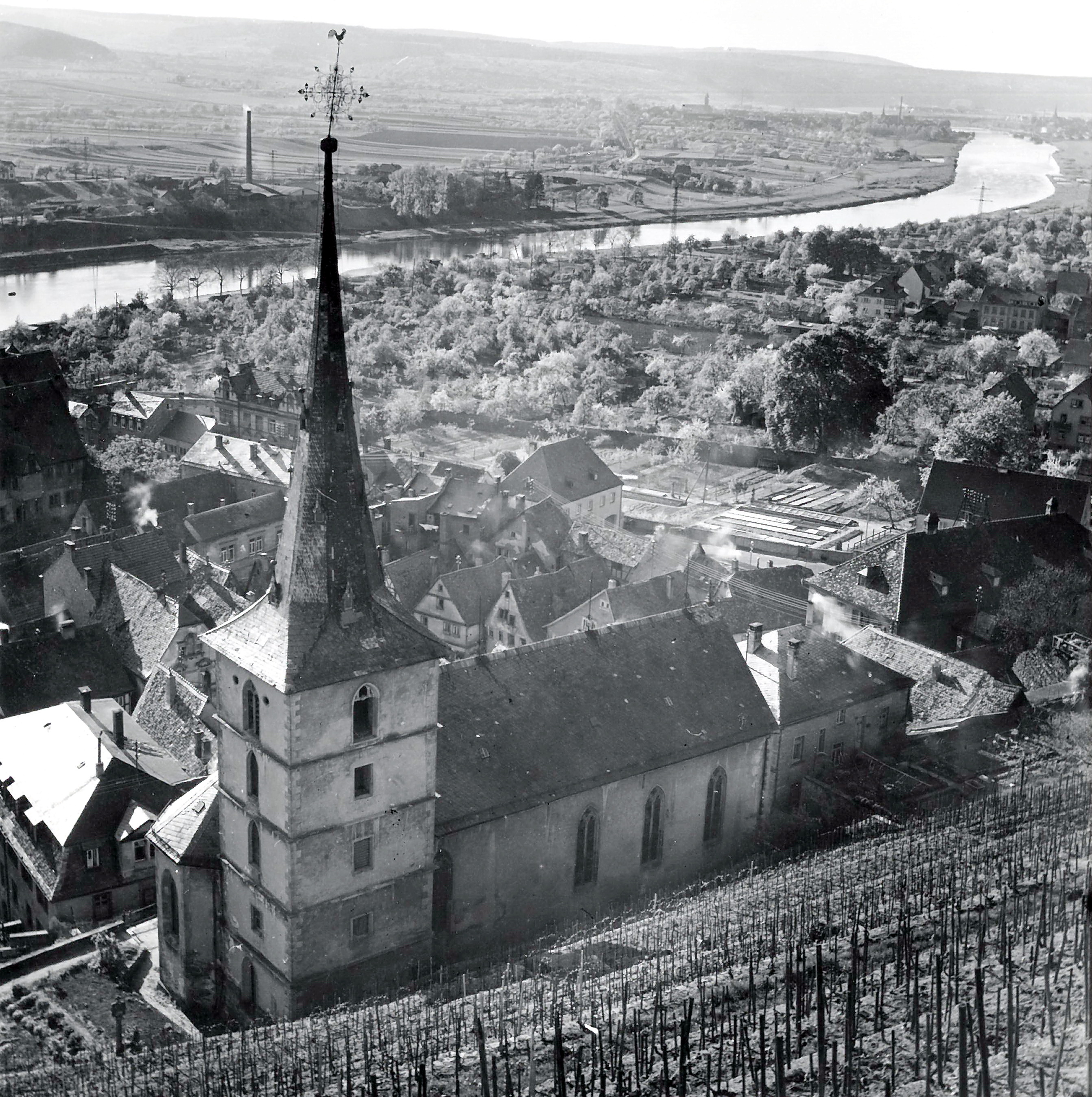 Blick von der Burg auf Kirche, Schlossgarten und Glashaus