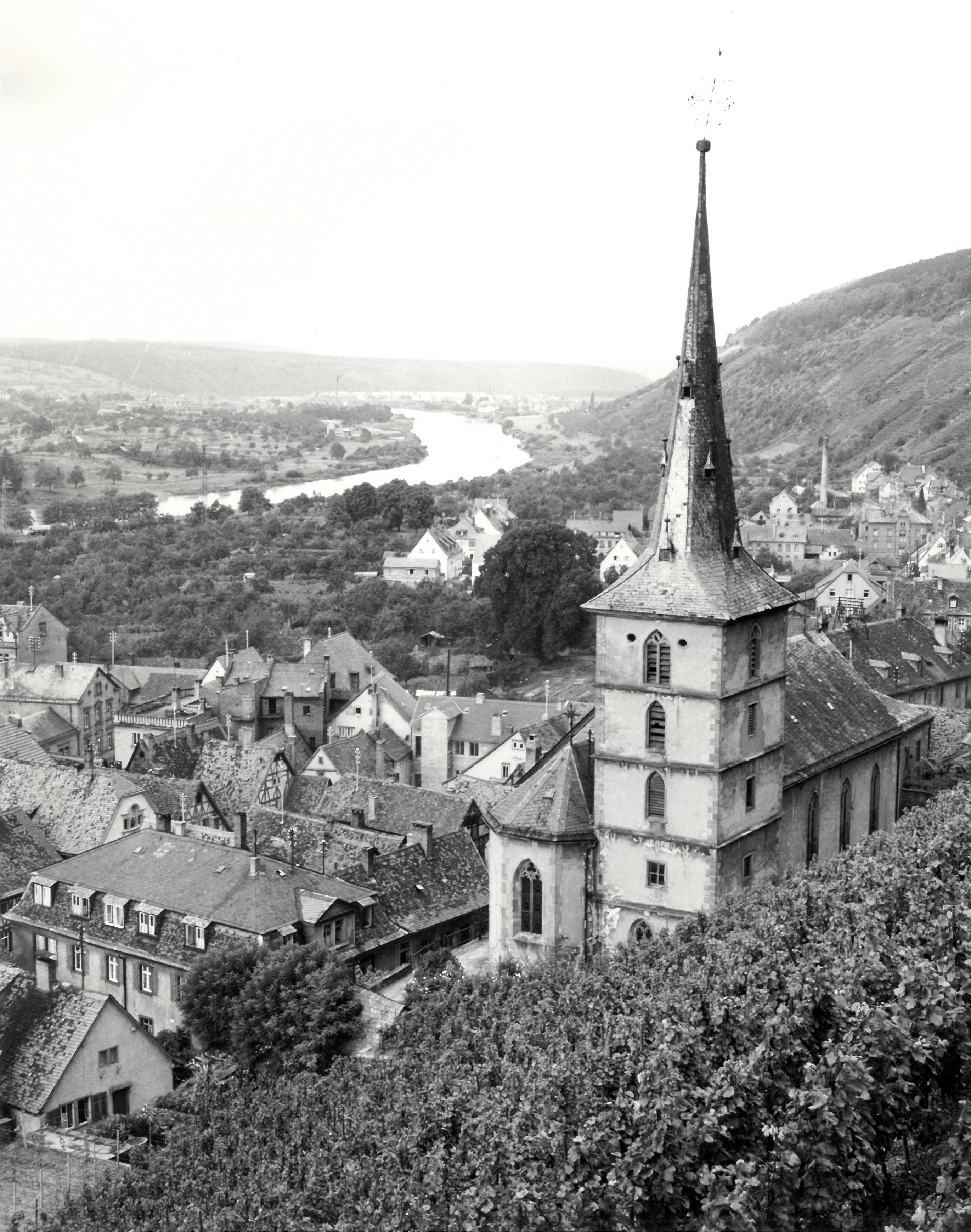 Blick von der Burg auf Main und Kirche