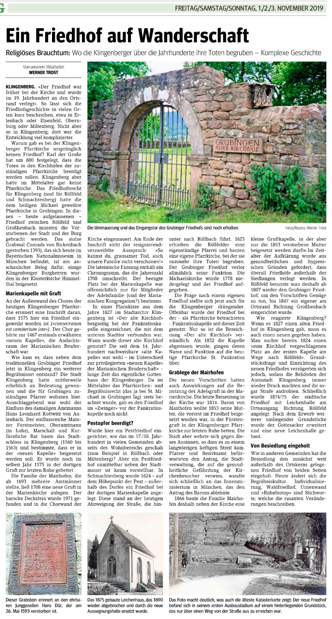 Zeitungsartikel von Dr. Werner Trost zu den Klingenberger Friedhöfen
