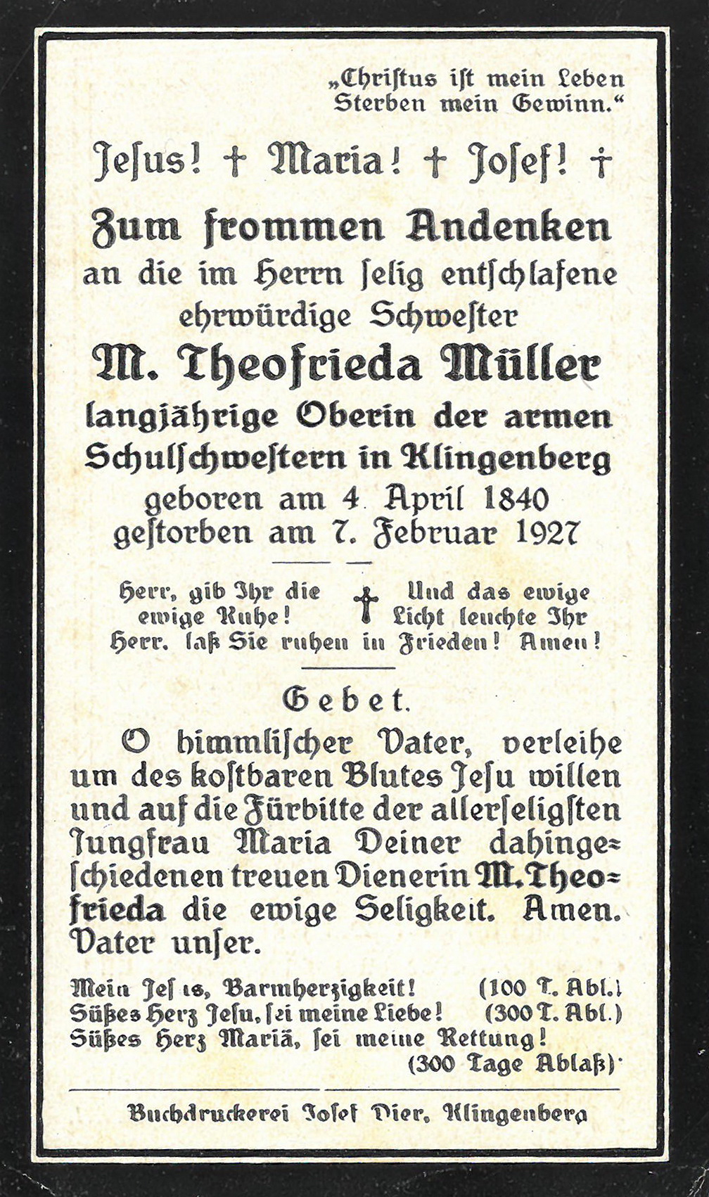 Andenken an Theofrieda Müller