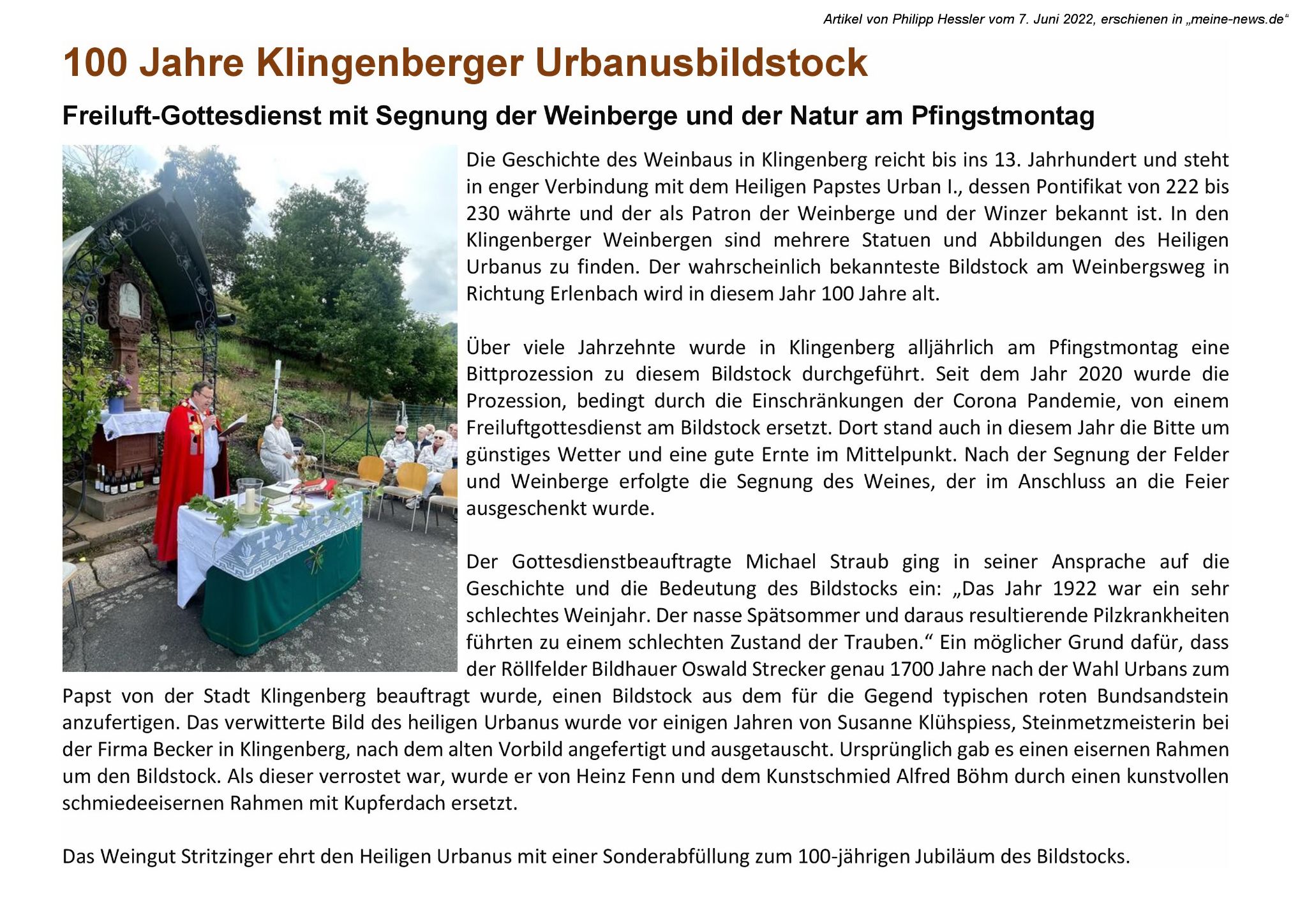 Presseartikel zum Jubiläum des Klingenberger Urbanusbildstocks
