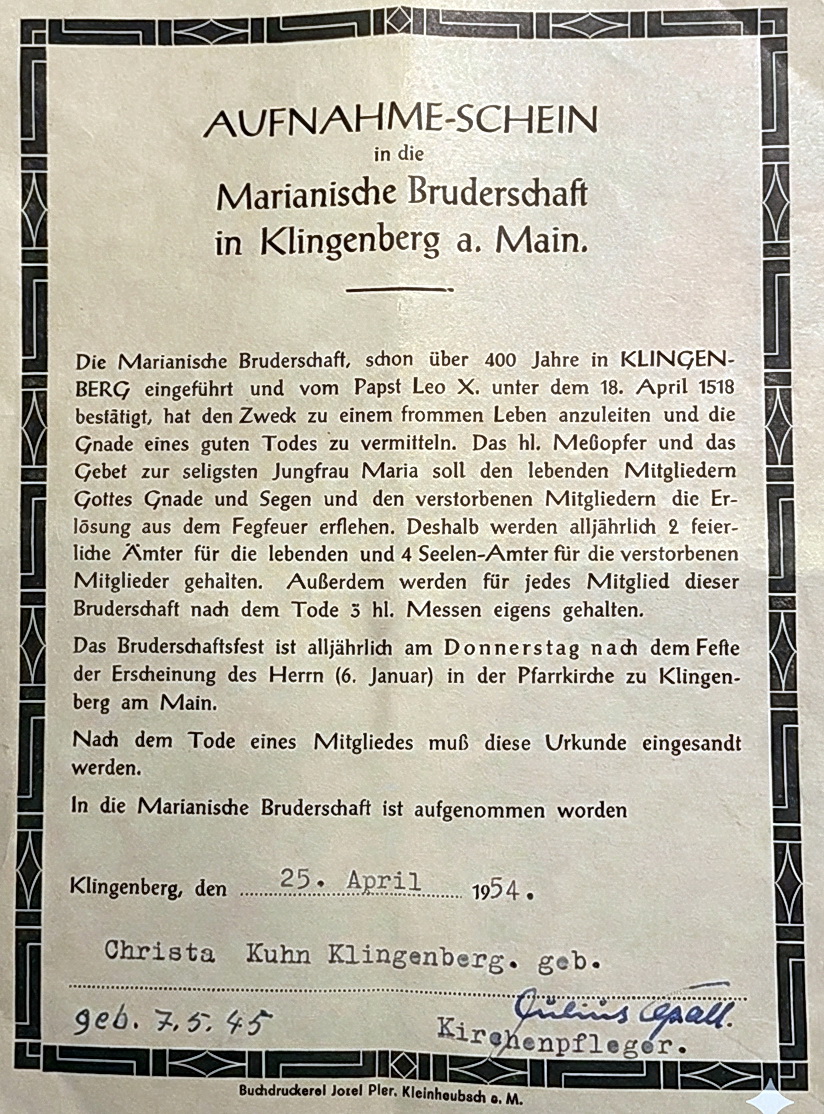 Aufnahmeschein in die Marianische Bruderschaft 1954