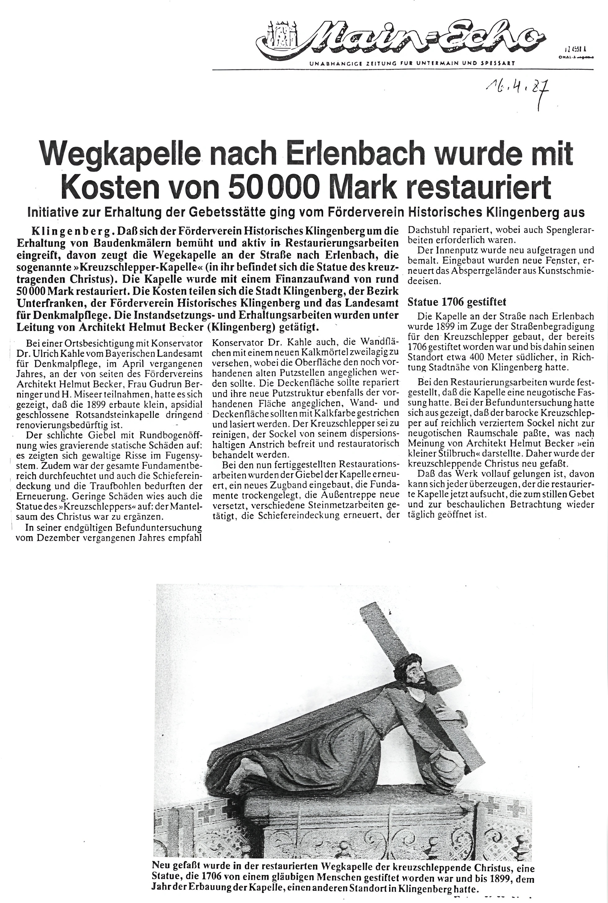 Zeitungsbericht zur Sanierung der Wegkapelle vom 16.04.1987