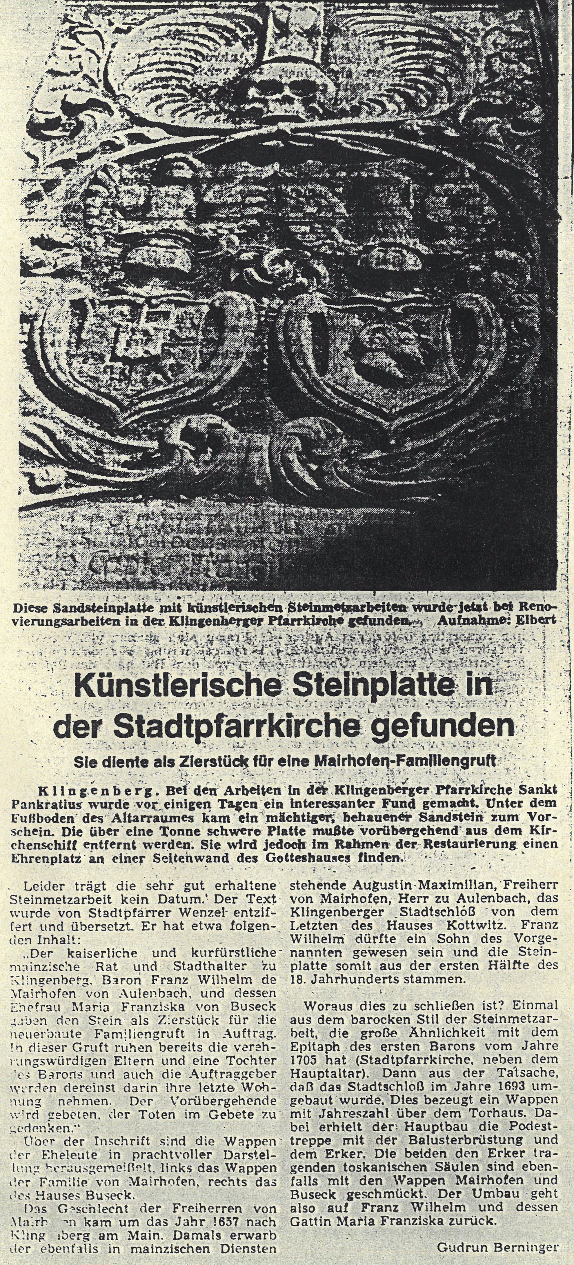 Zeitungsbericht vom 03.07.1971 zum Fund einer historischen Steinplatte
