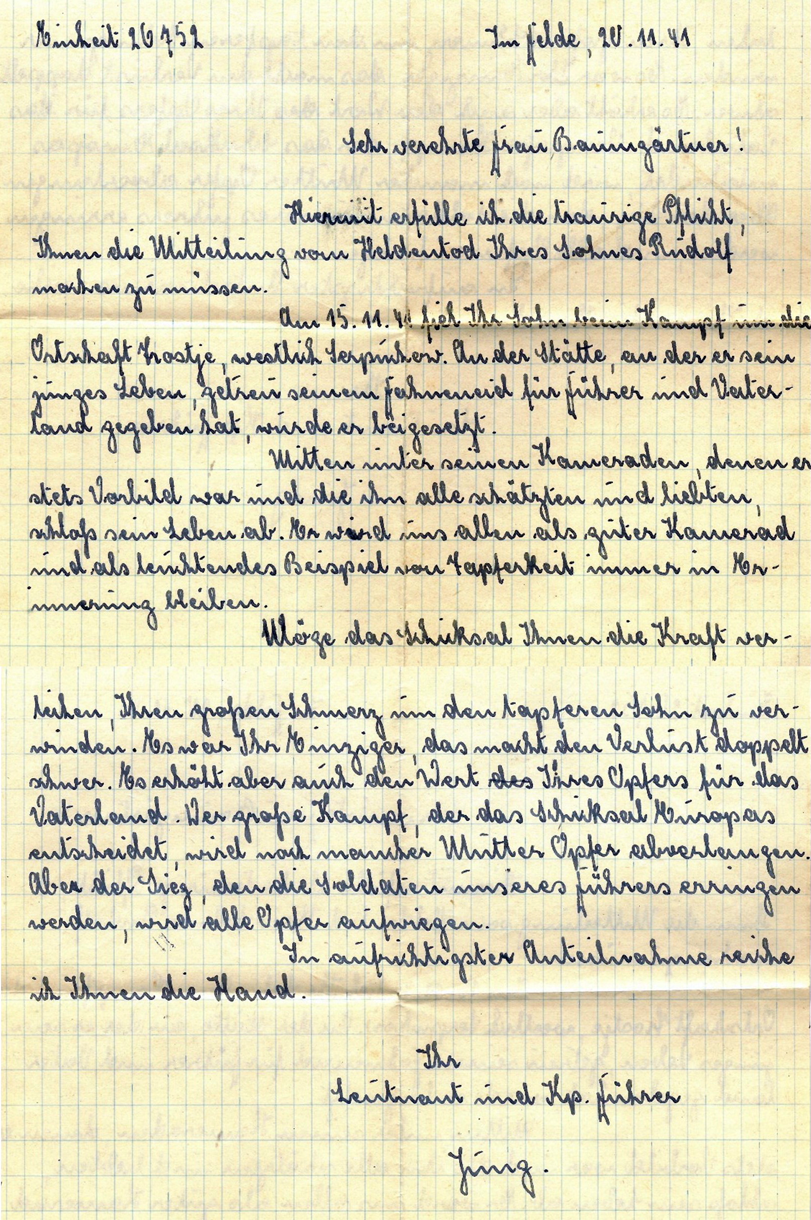 Rudolf Baumgärtner - Todesnachricht an die Angehörigen