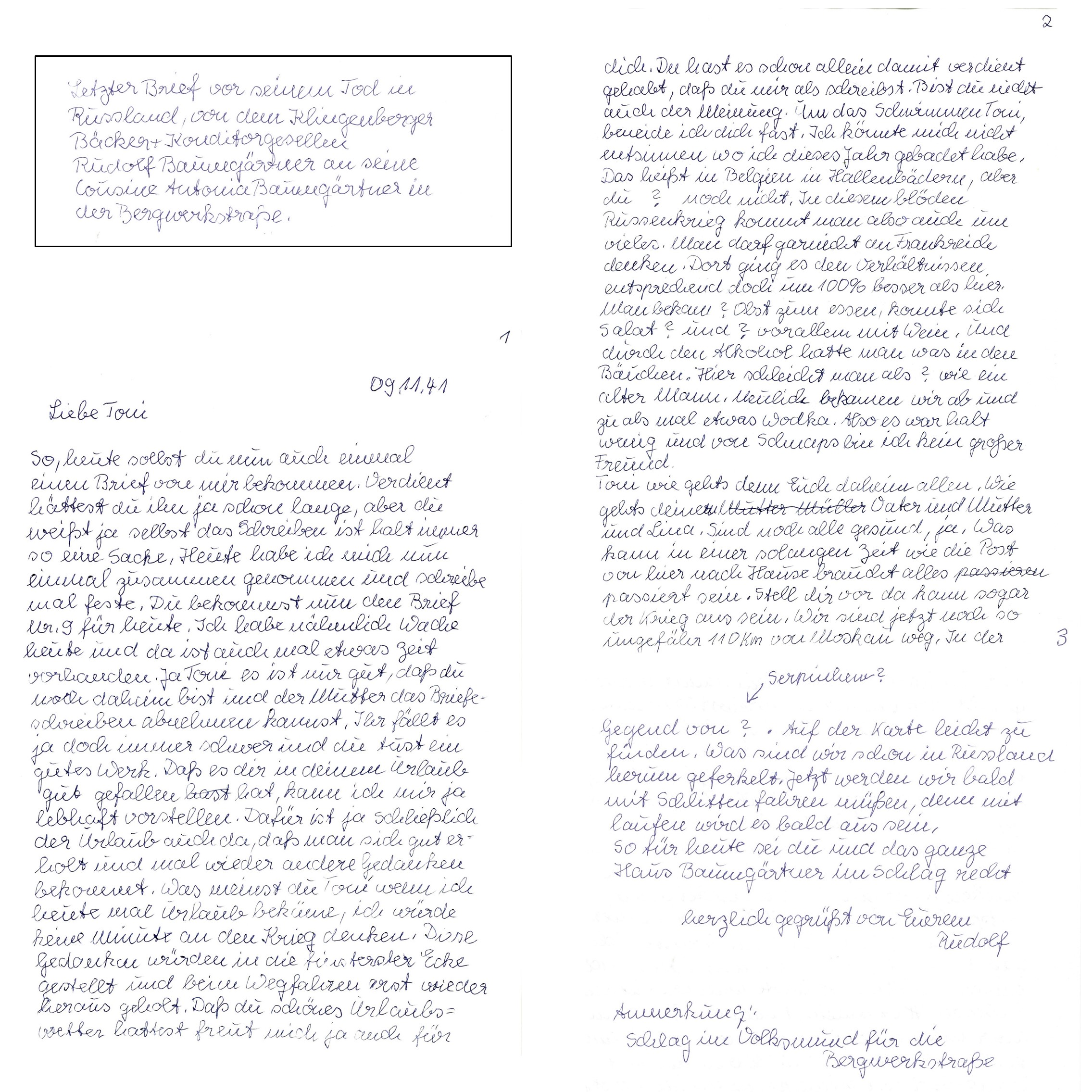 Rudolf Baumgärtner - letzter Brief an seine Cousine Toni