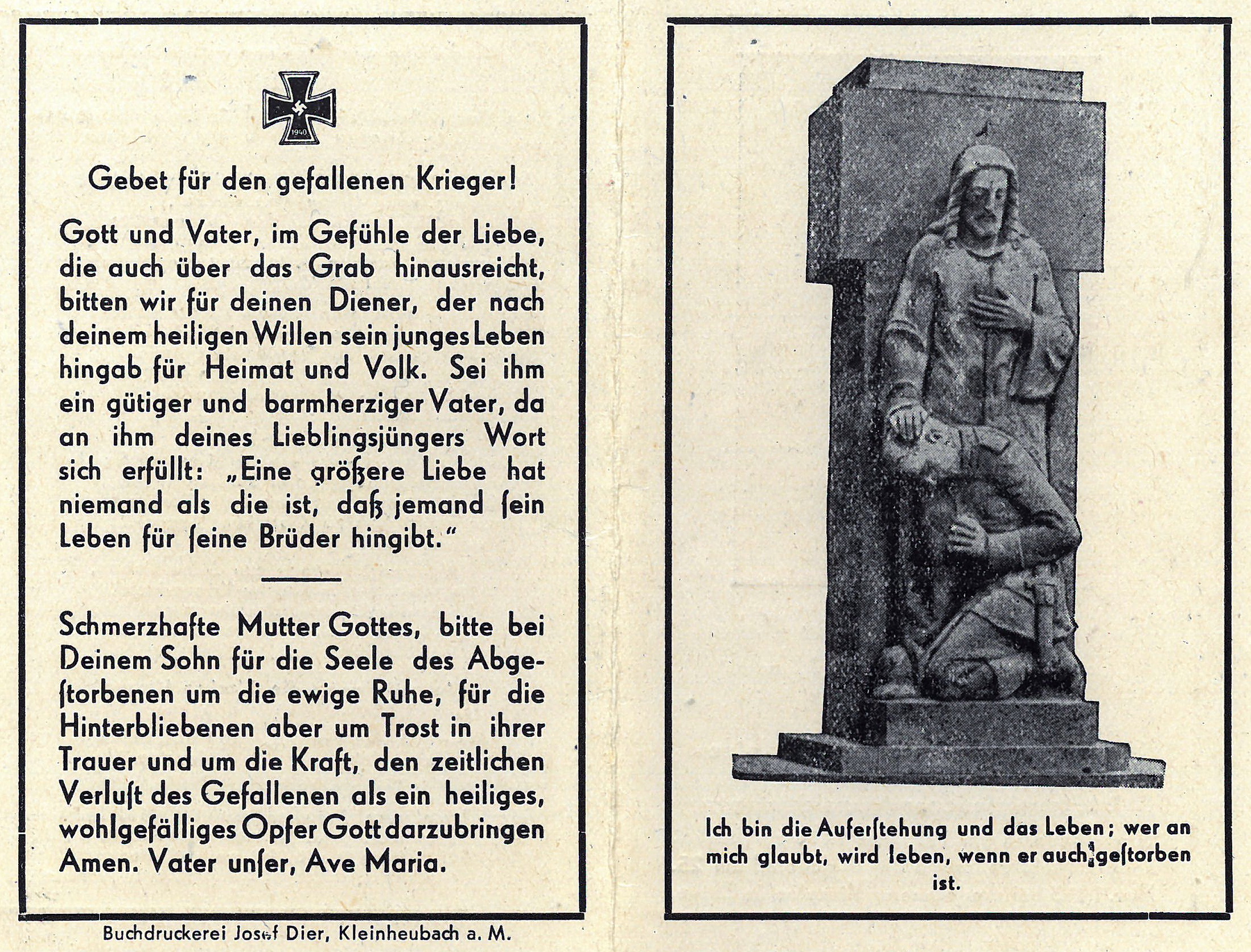 Benno Spall (Rückseite des Sterbebildchens)