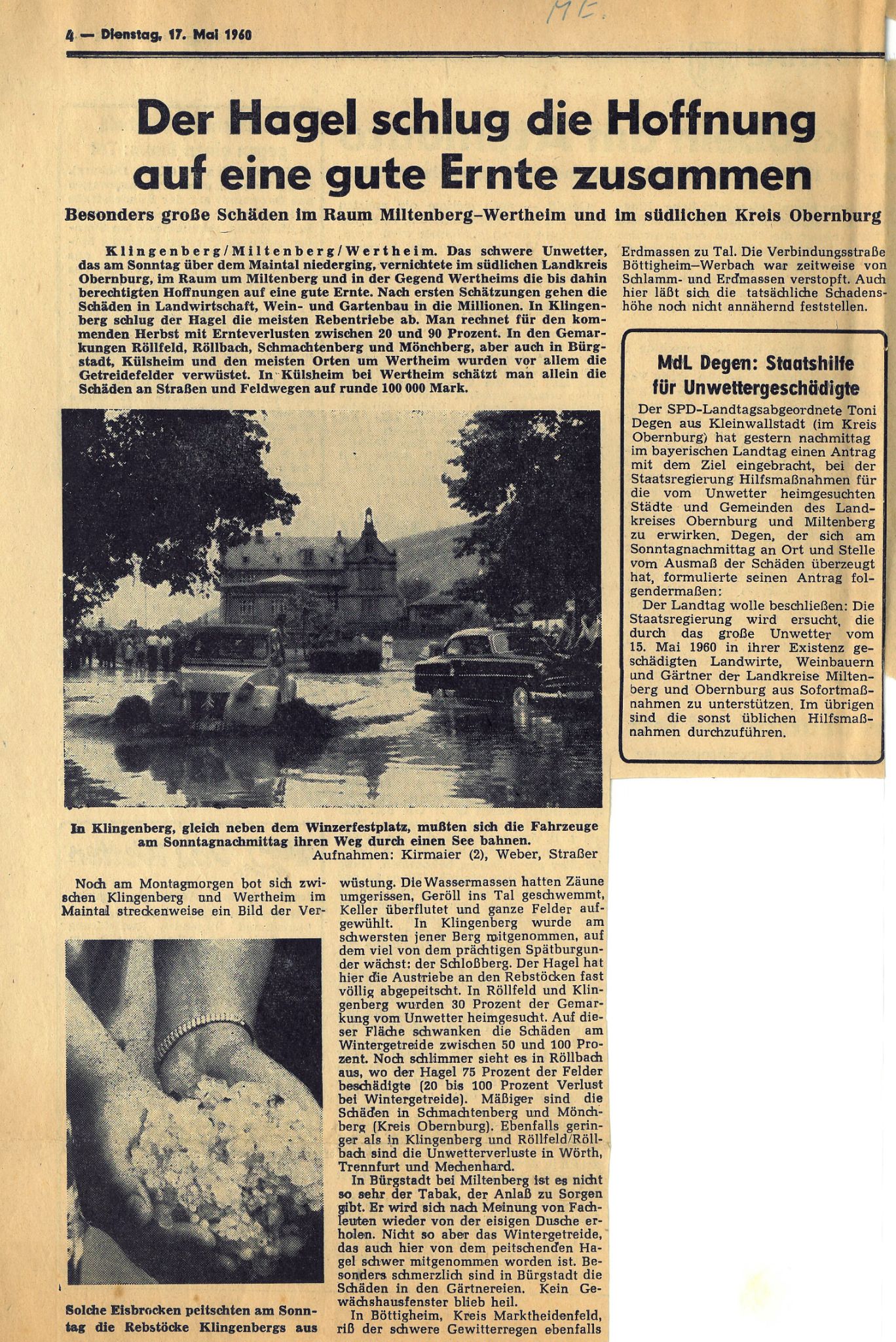 Am 15. Mai 1960 streifte ein Unwetter den Raum Miltenberg - Wertheim
