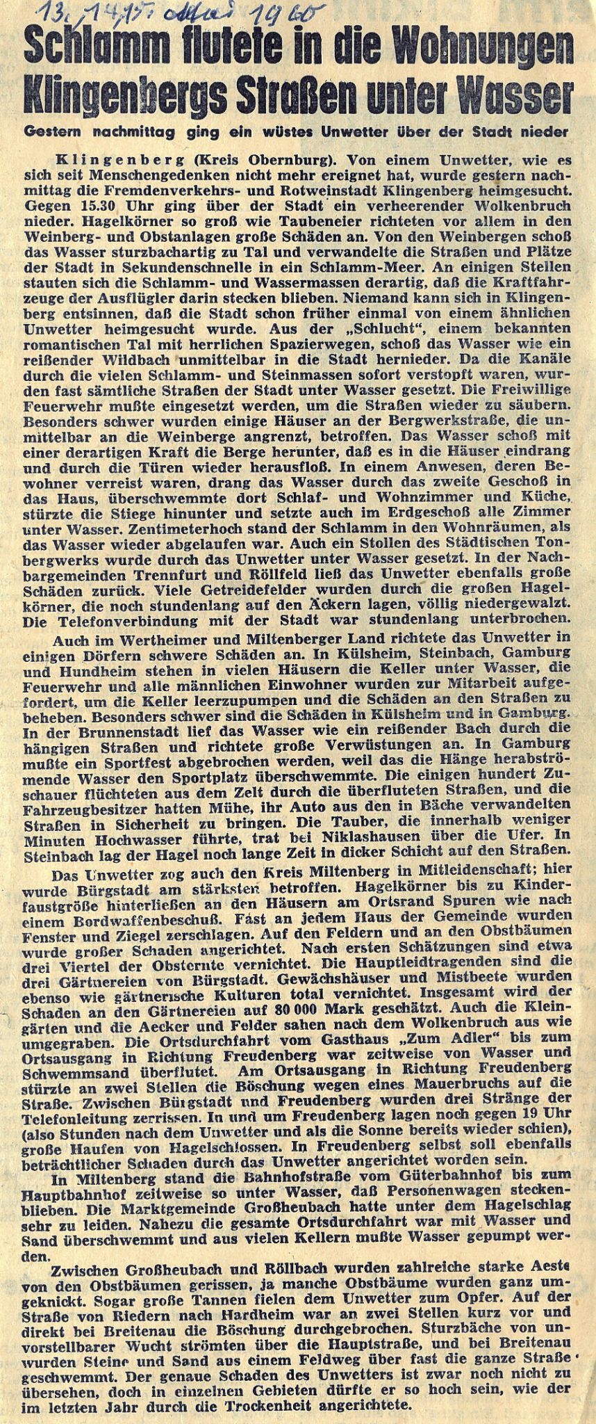 Zeitungsbericht zum Unwetter vom 15. Mai 1960