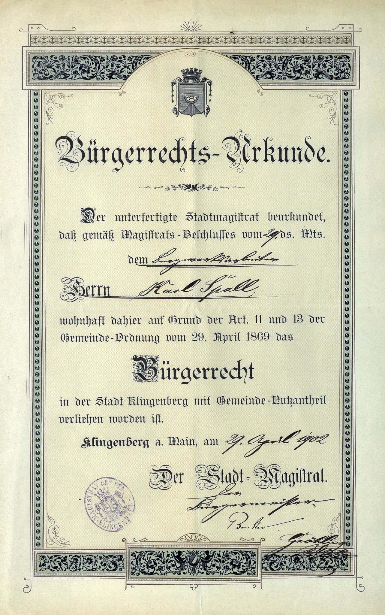Bürgerrechtsurkunde für den Bergwerksarbeiter Karl Spall vom 29. April 1902