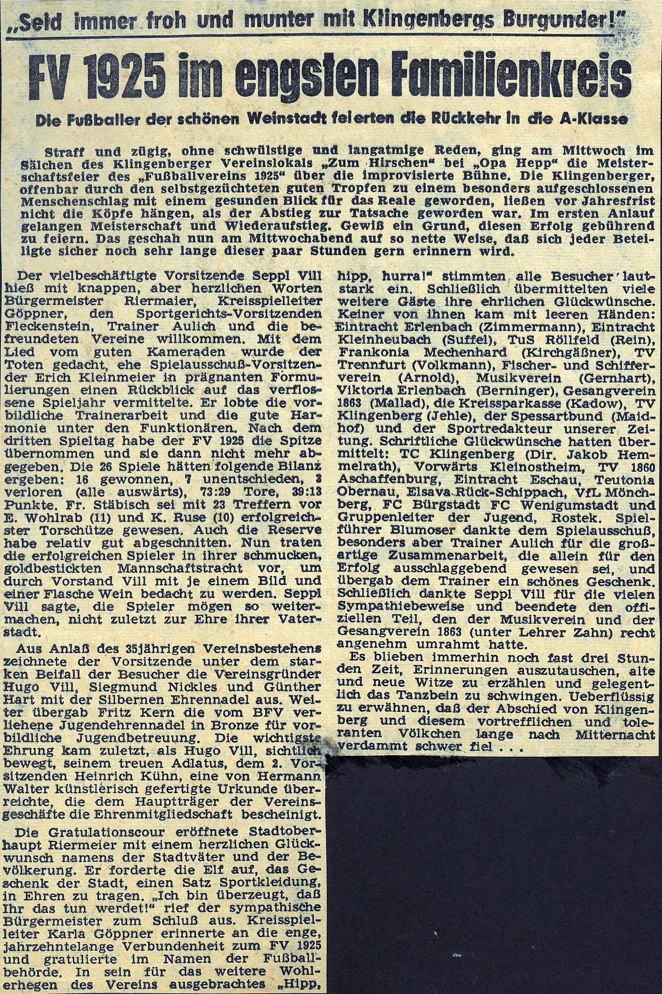 Zeitungsbericht aus dem Main-Echo zur Meisterschaftsfeier 1960