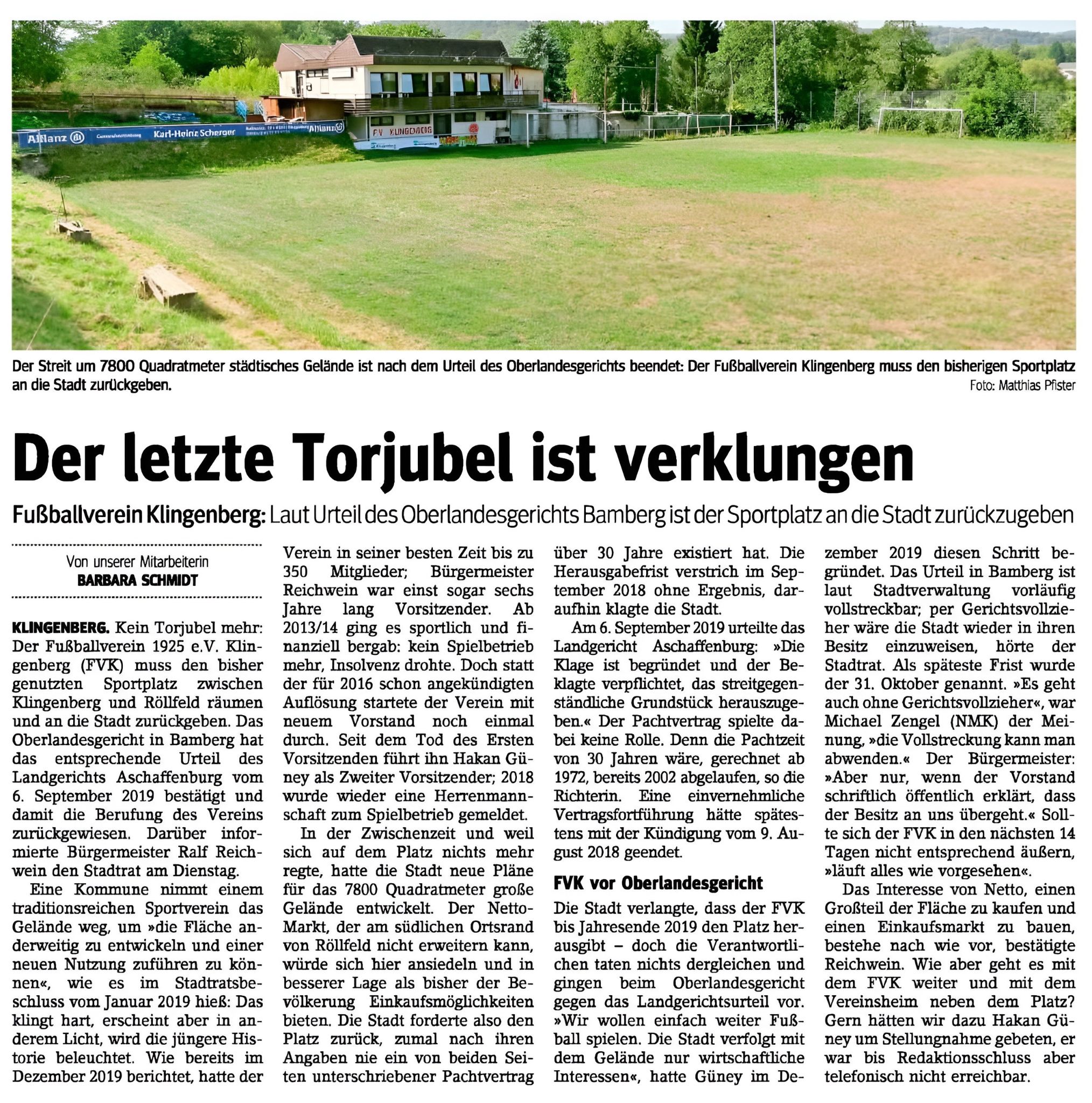 Zeitungsbericht vom 17.09.2020 zur Rückgabe des Sportplatzes