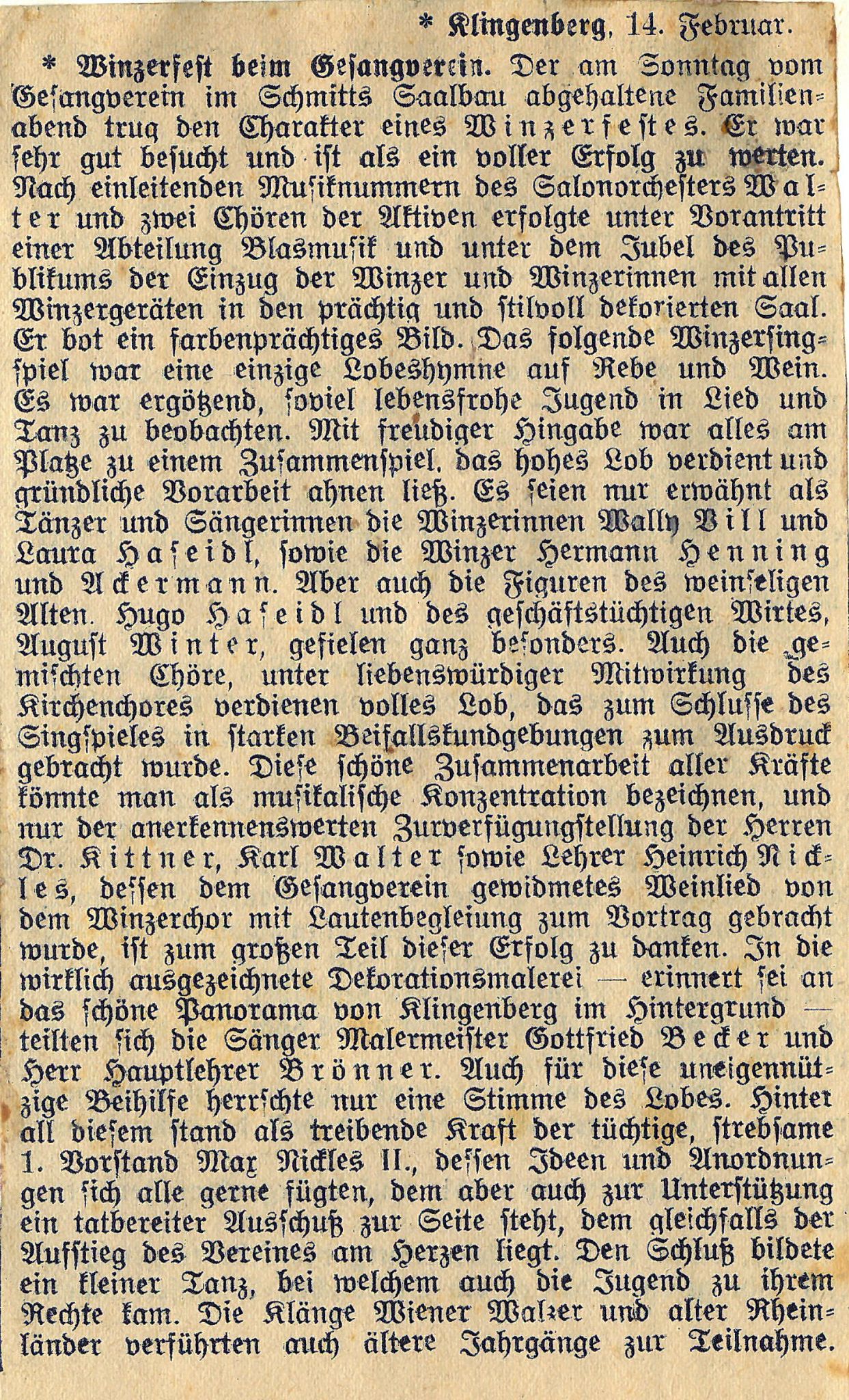 Zeitungsbericht zum Familienabend des Gesangvereins im Saalbau 1935