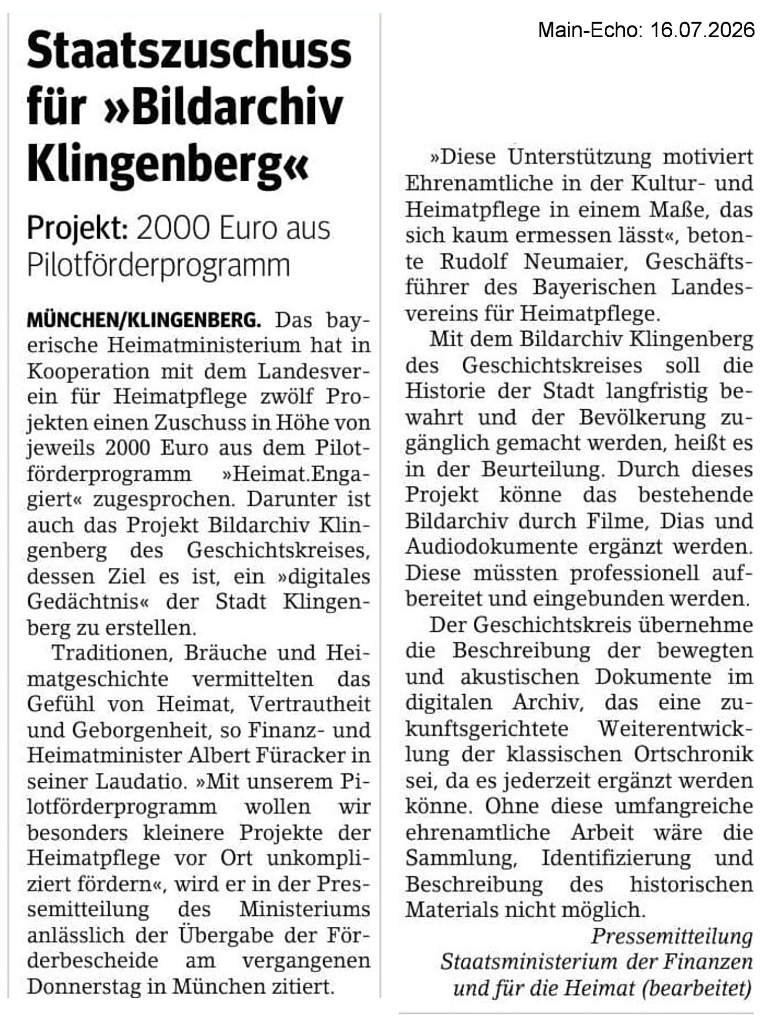 Zeitungsbericht zum Erhalt des Staatszuschusses