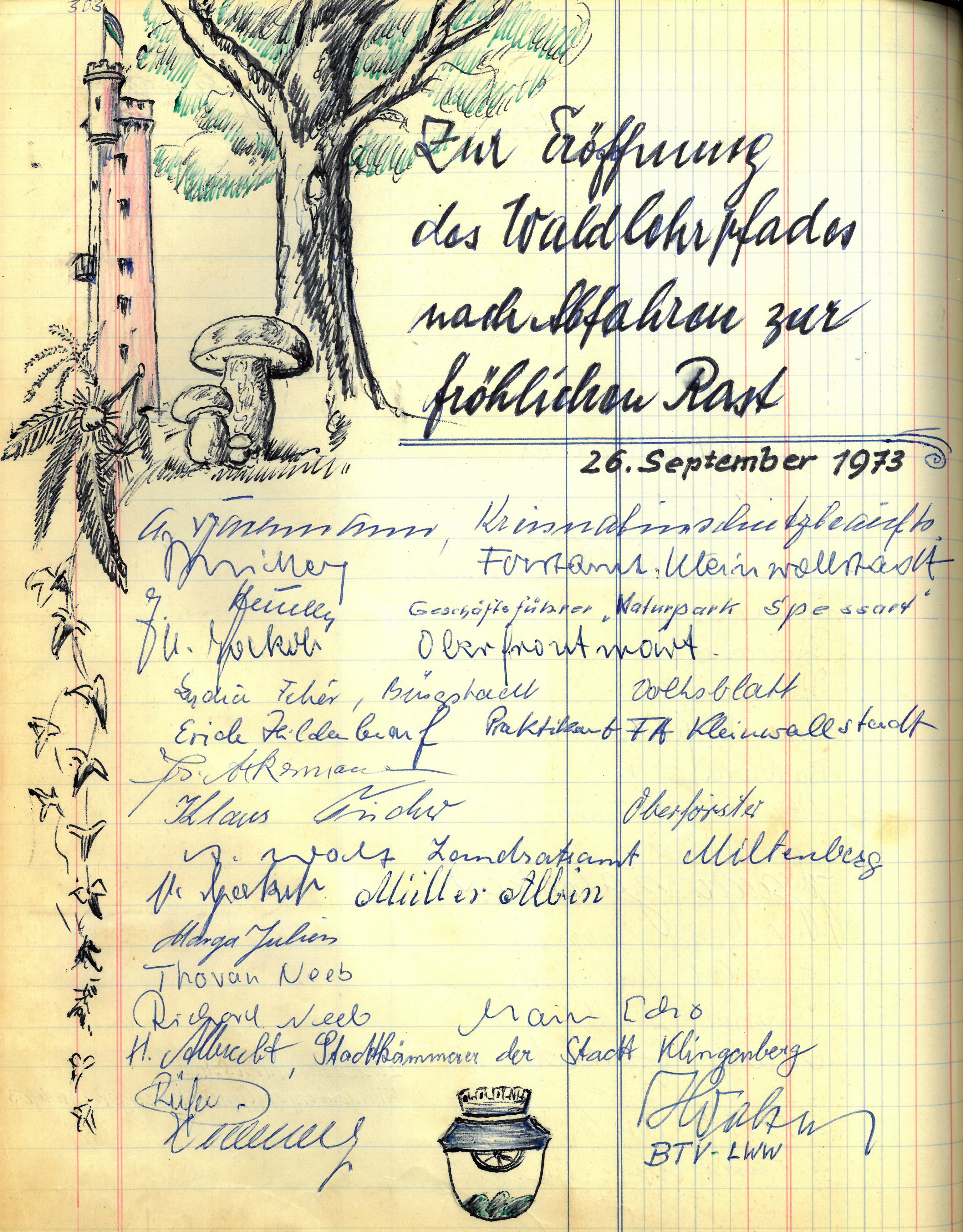 Aus dem Hüttenbuch - Eröffnung des Waldlehrpfades am 26.09.1973