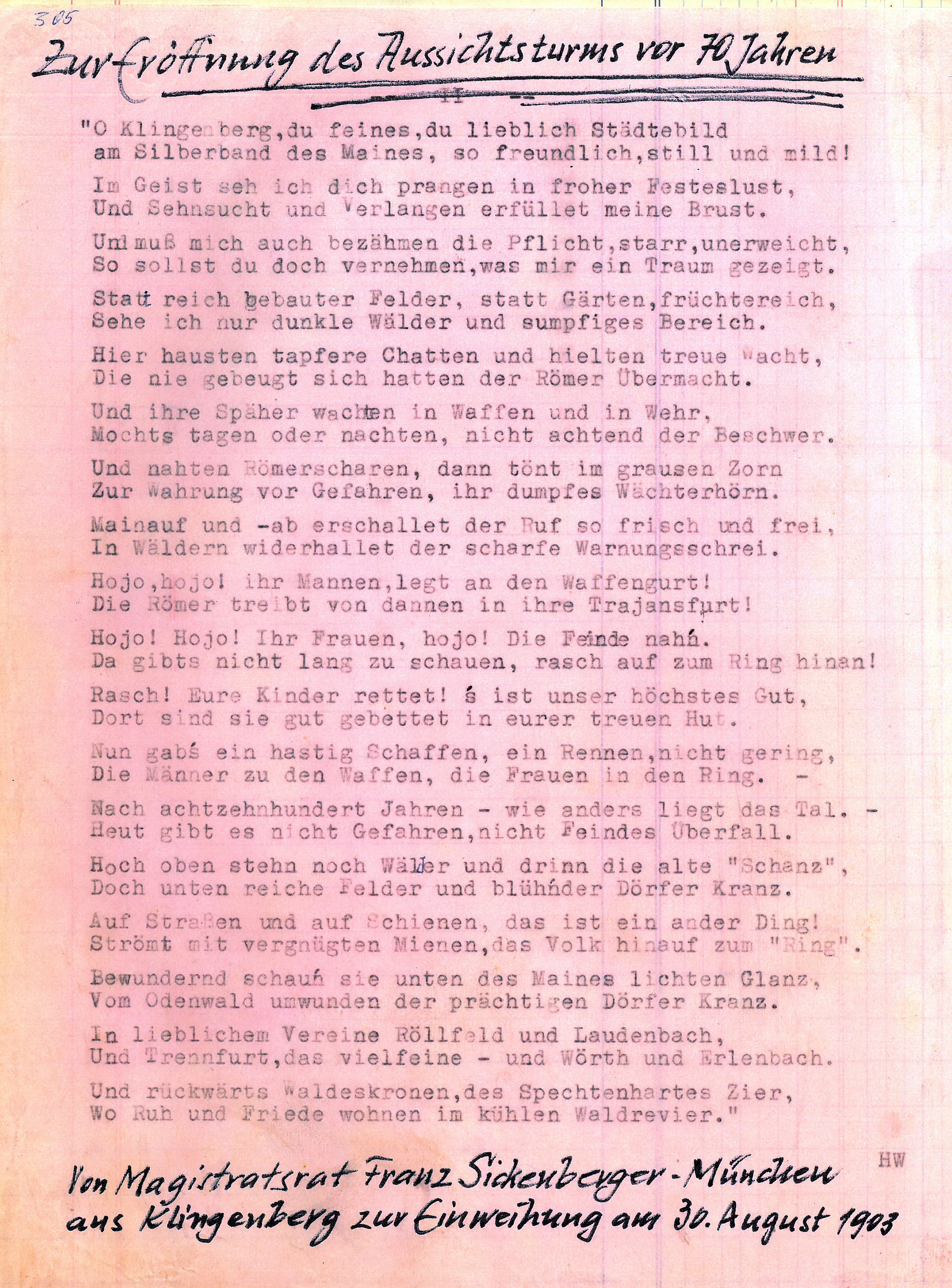 Poesie  zum Jubiläum 70 Jahre Aussichtsturm 1973