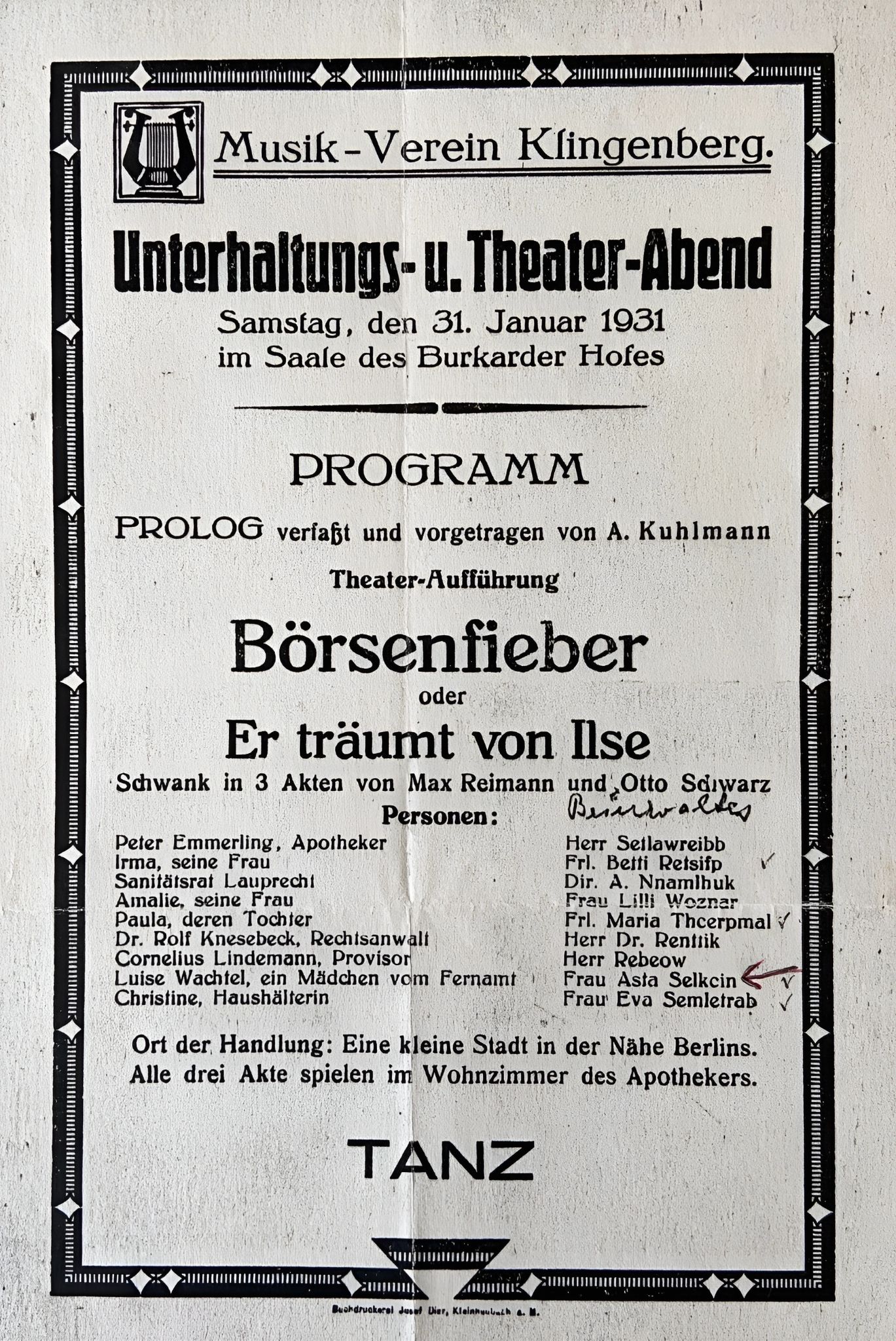 Veranstaltungsplakat des Musikvereins Klingenberg 1931
