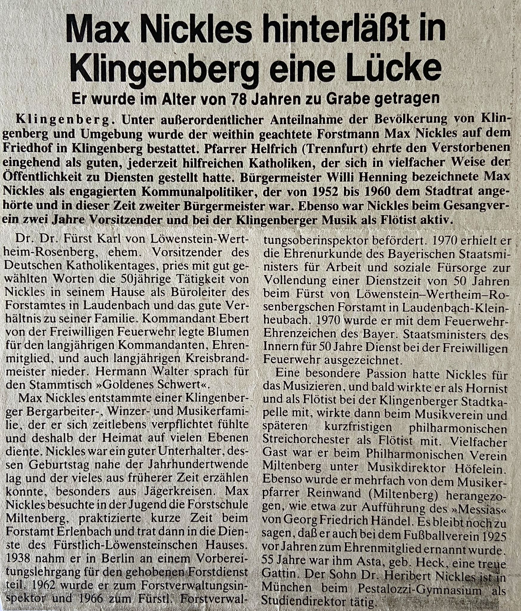 Zeitungsbericht zum Tod von Max Nickles 1983