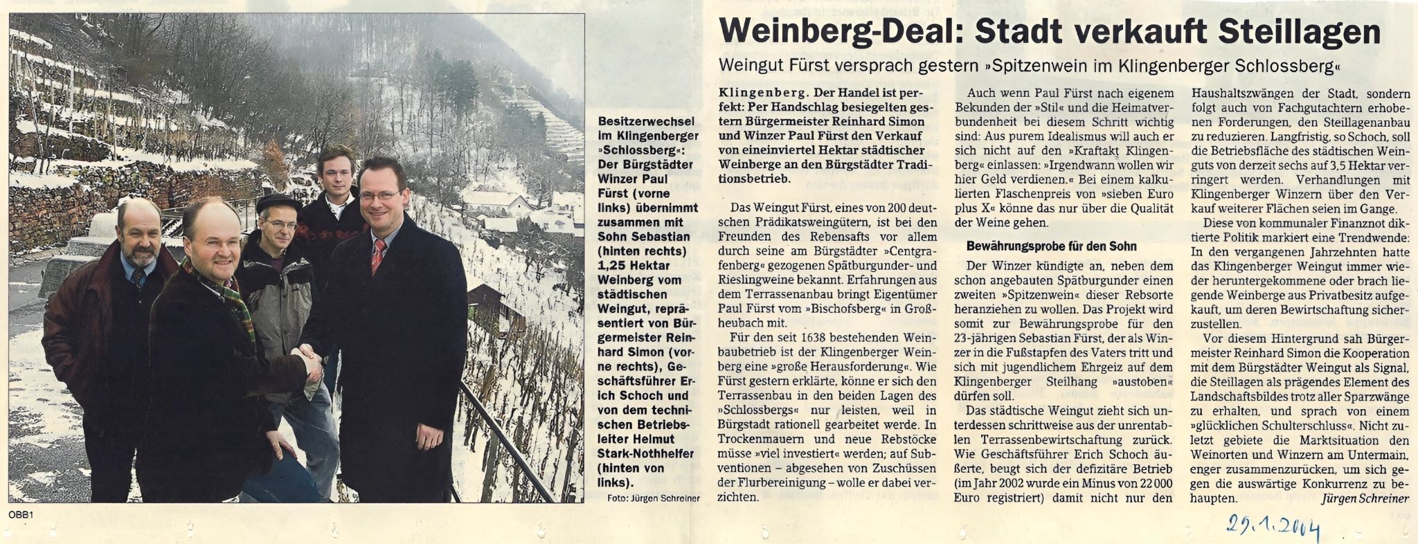 Zeitungsbericht zum Verkauf von Steillagen an das Weingut Paul Fürst