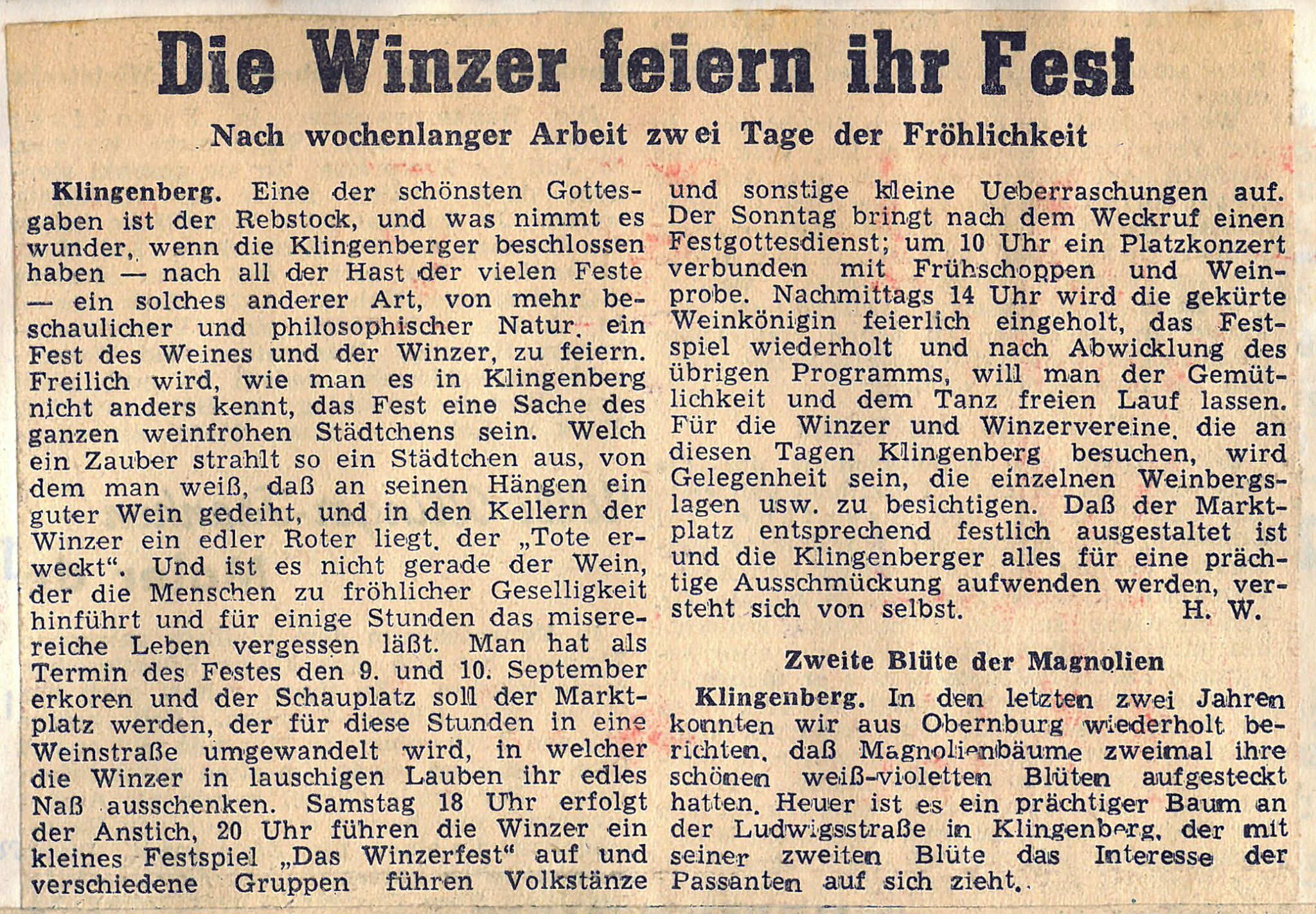Zeitungsbericht zum Klingenberger Winzerfest 1950