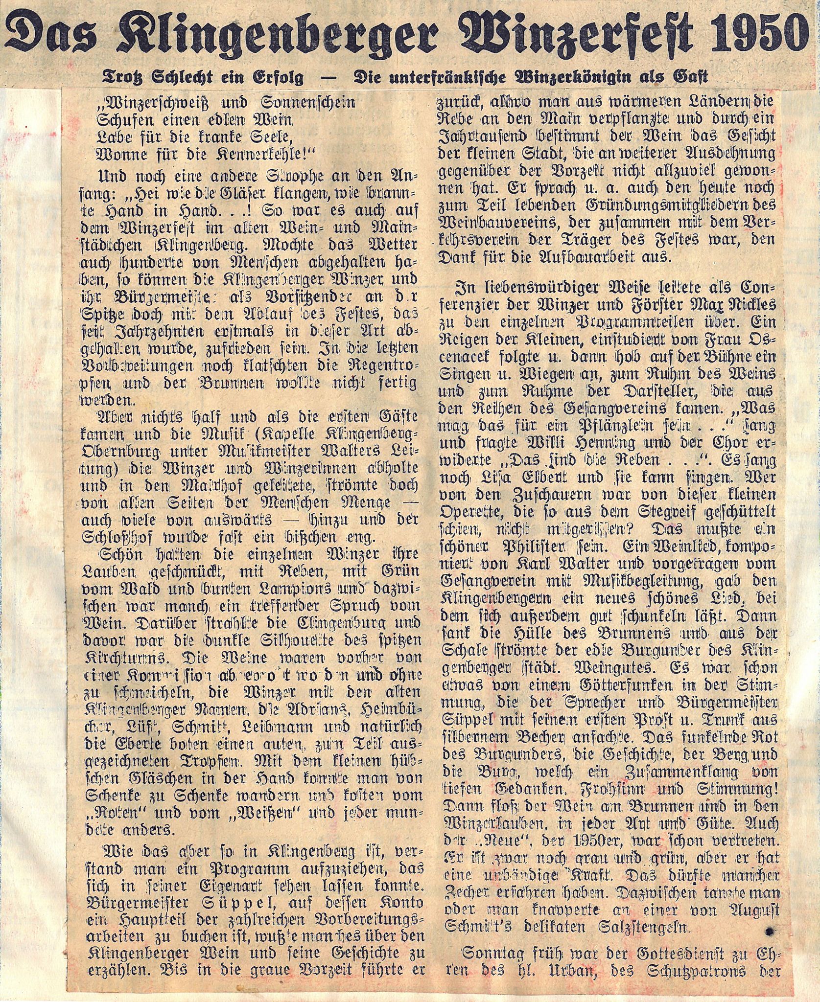 Zeitungsbericht zum Klingenberger Winzerfest 1950