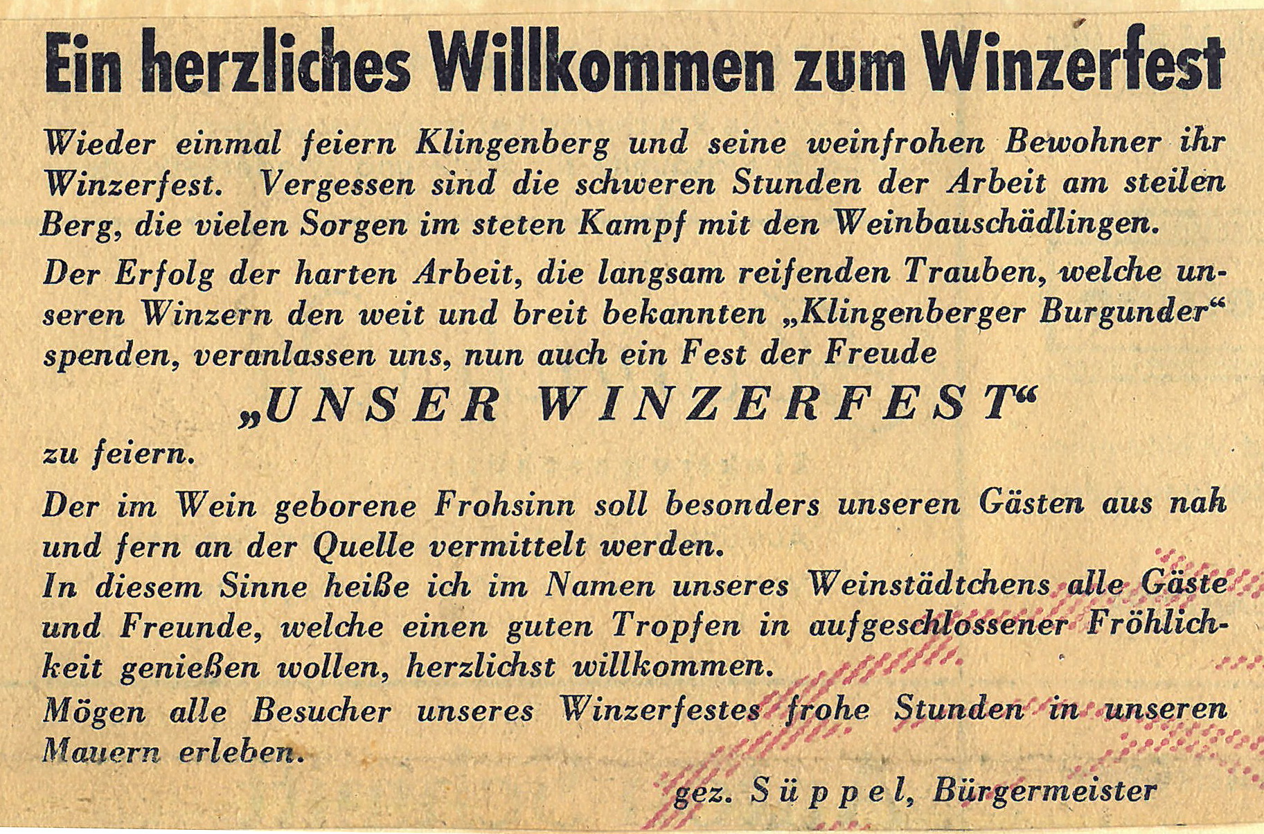 Grußwort zum Klingenberger Winzerfest 1951 von Bürgermeister Leo Süppel