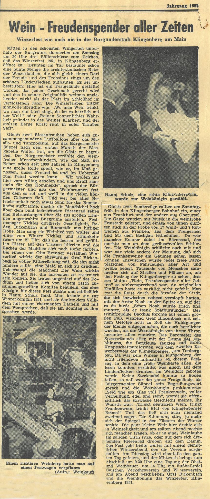 Zeitungsartikel zur Eröffnung des Klingenberger Winzerfestes 1951