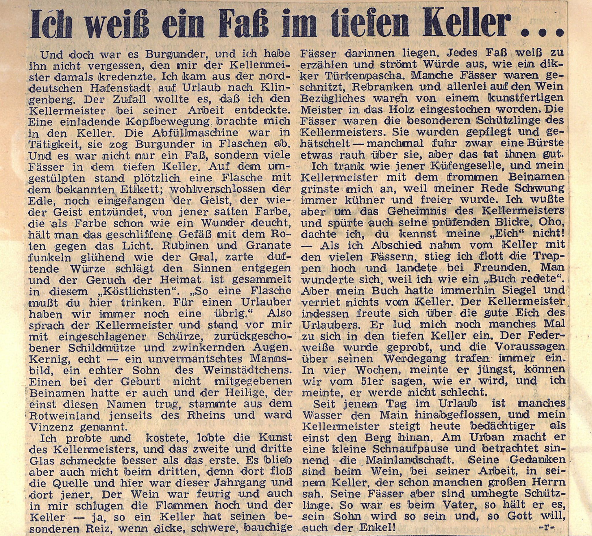Zeitungsartikel zum Klingenberger Winzerfest 1952