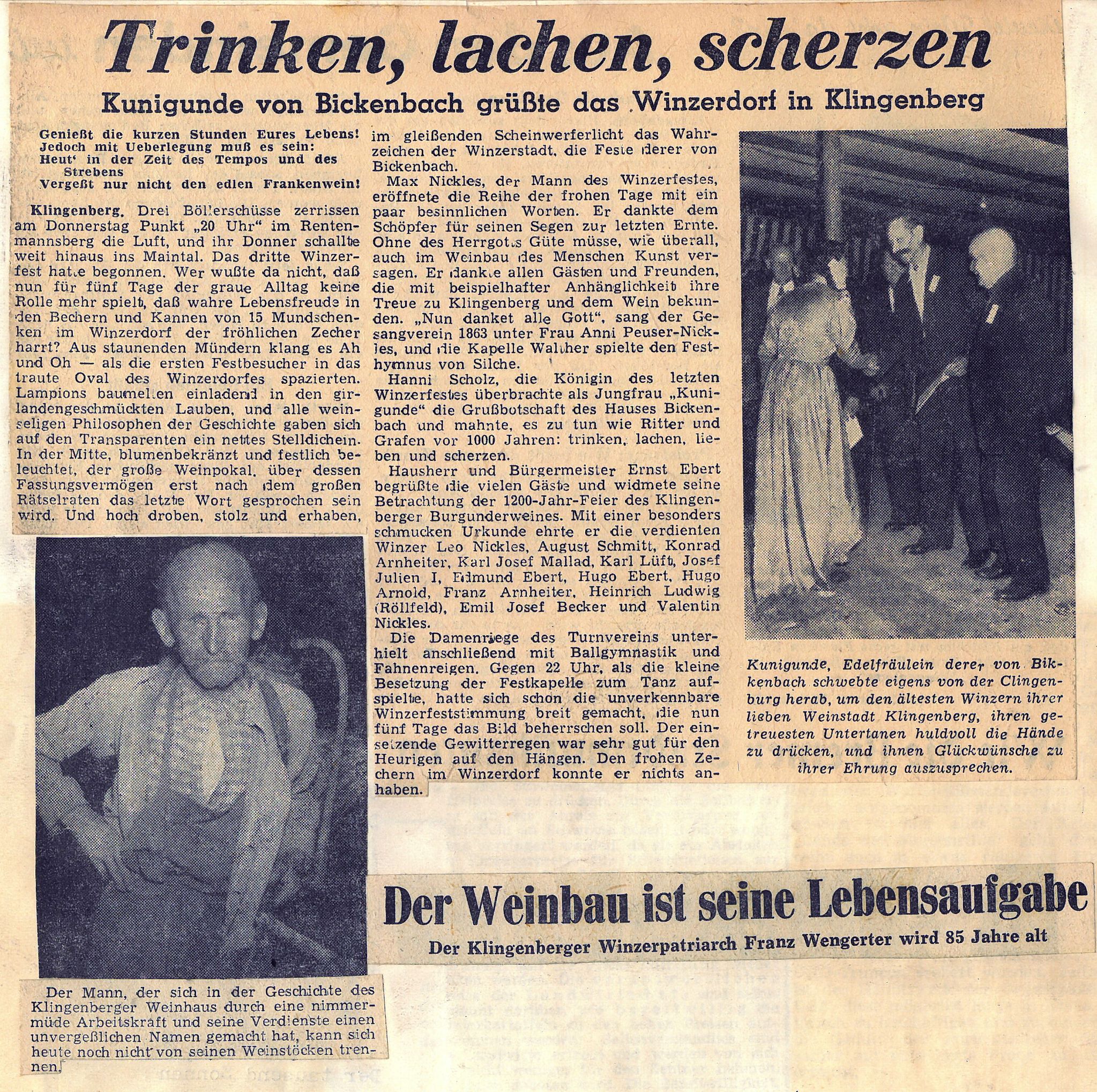 Zeitungsartikel zum Klingenberger Winzerfest 1952