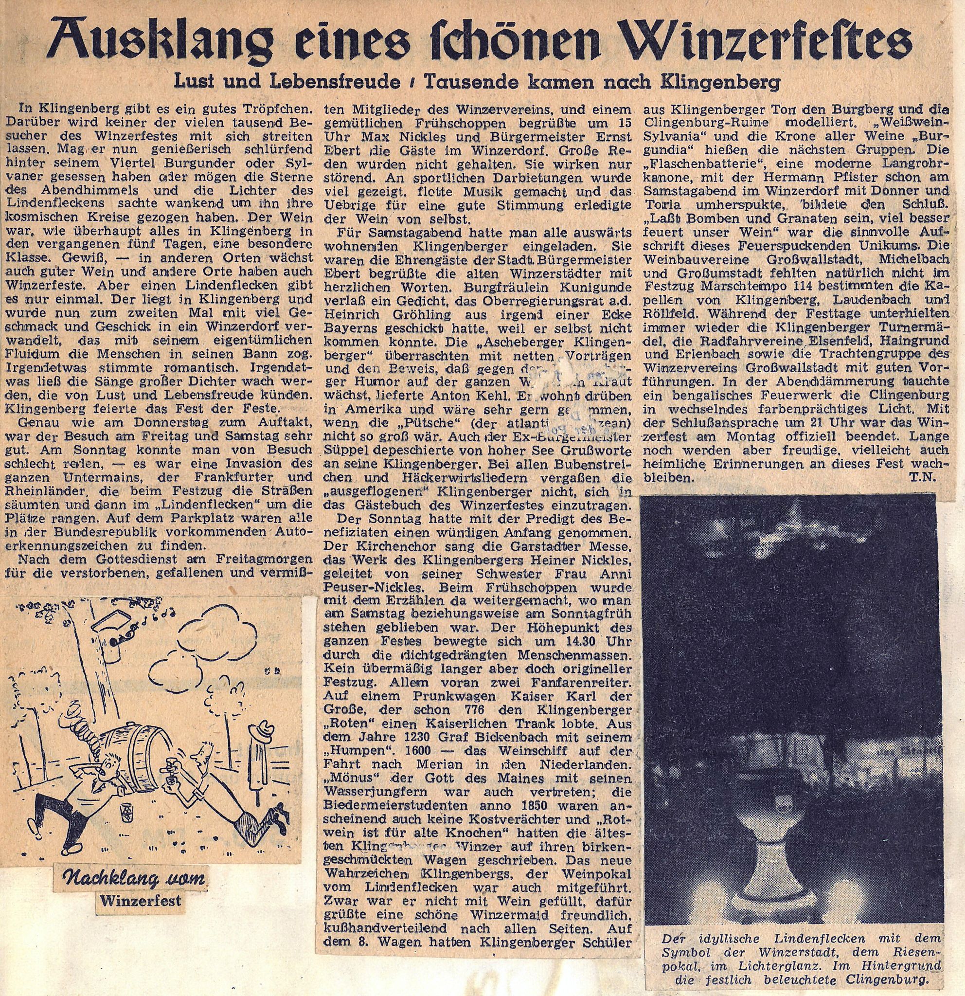 Zeitungsartikel zum Ausklang des Klingenberger Winzerfest 1952