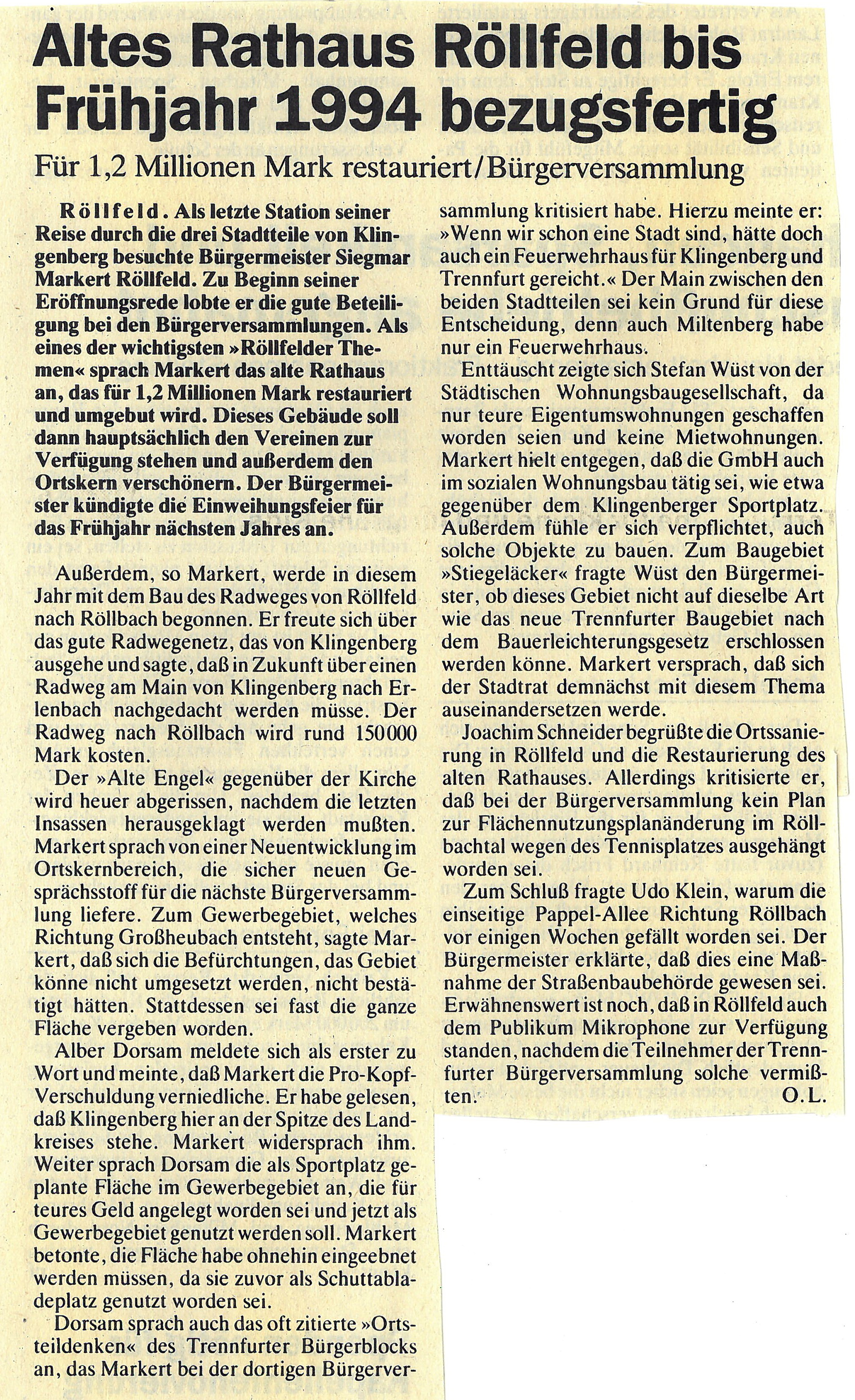 Zeitungsbericht zur Restaurierung des alten Rathauses vom 12.03.1993