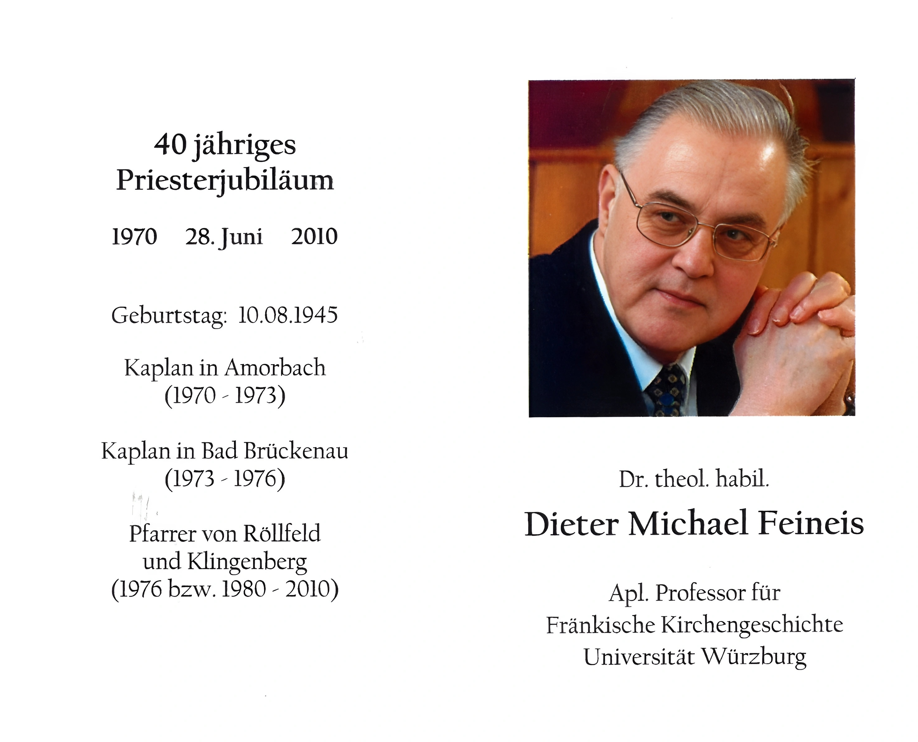 Andenken an das 40. Priesterjubiläum von Pfarrer Dieter Feineis