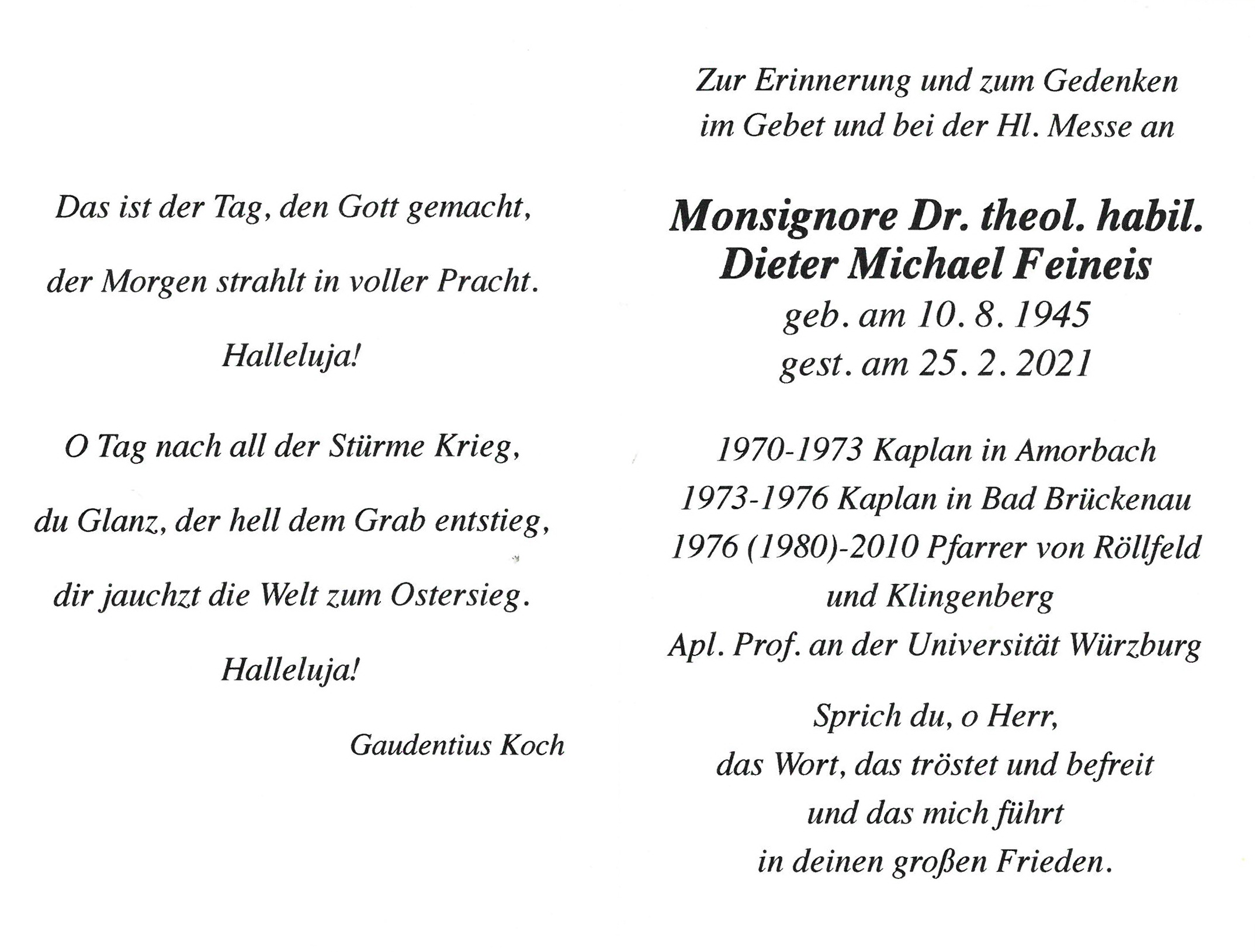 Andenkenkarte an Pfarrer Dieter Feineis