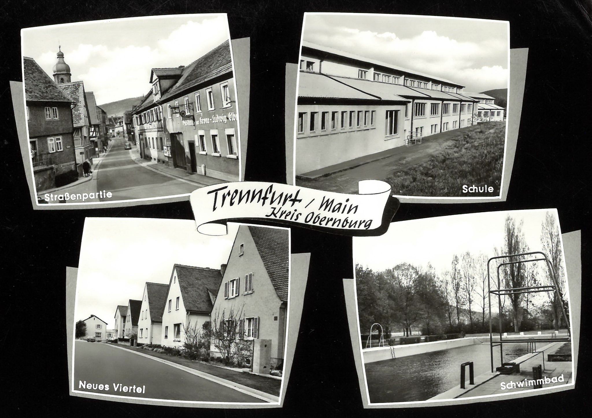 Mehrbildansichtskarte mit dem Schulgebäude Trennfurt um 1960