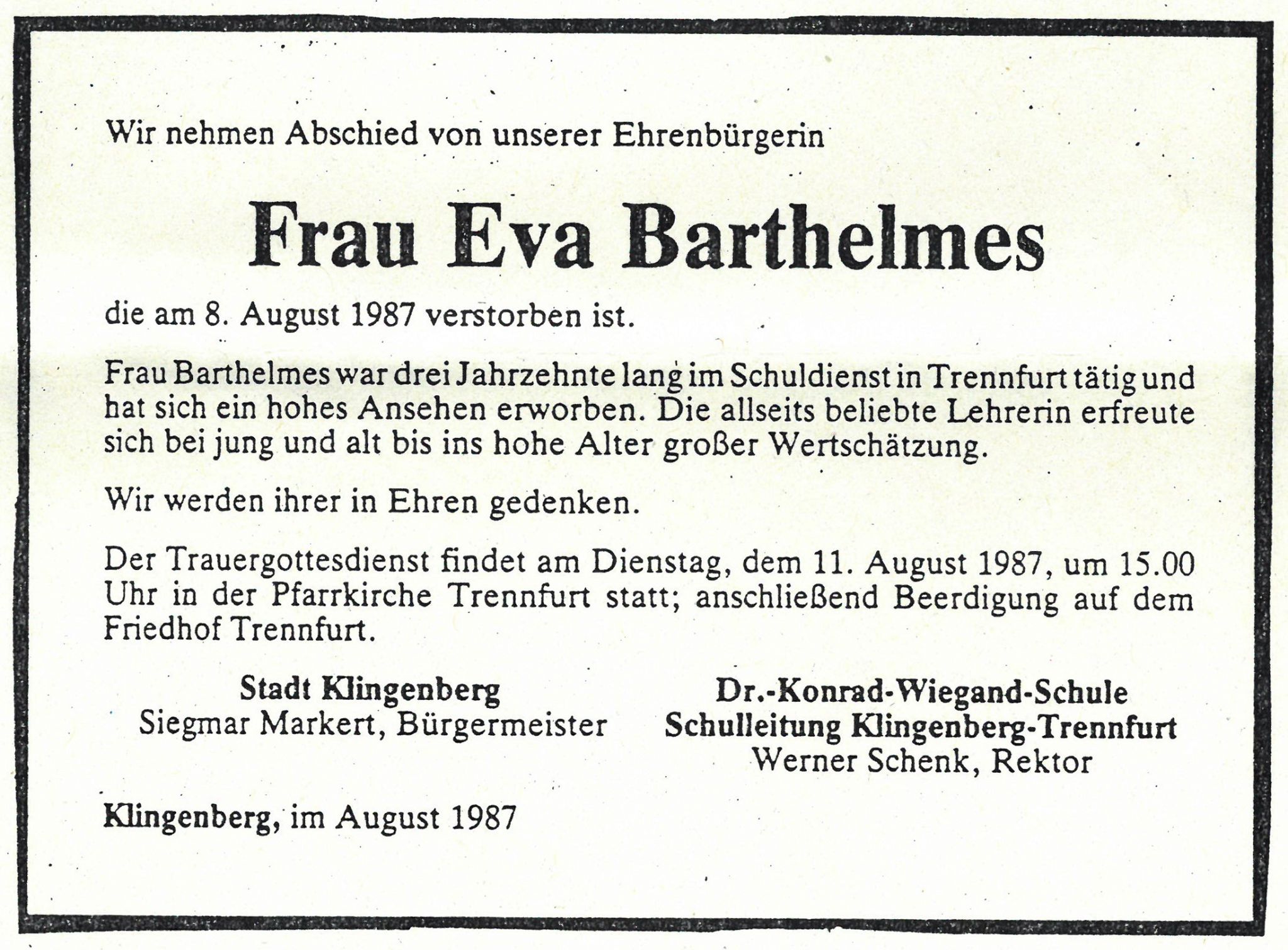 Traueranzeige zum Tod von Eva Barthelmes