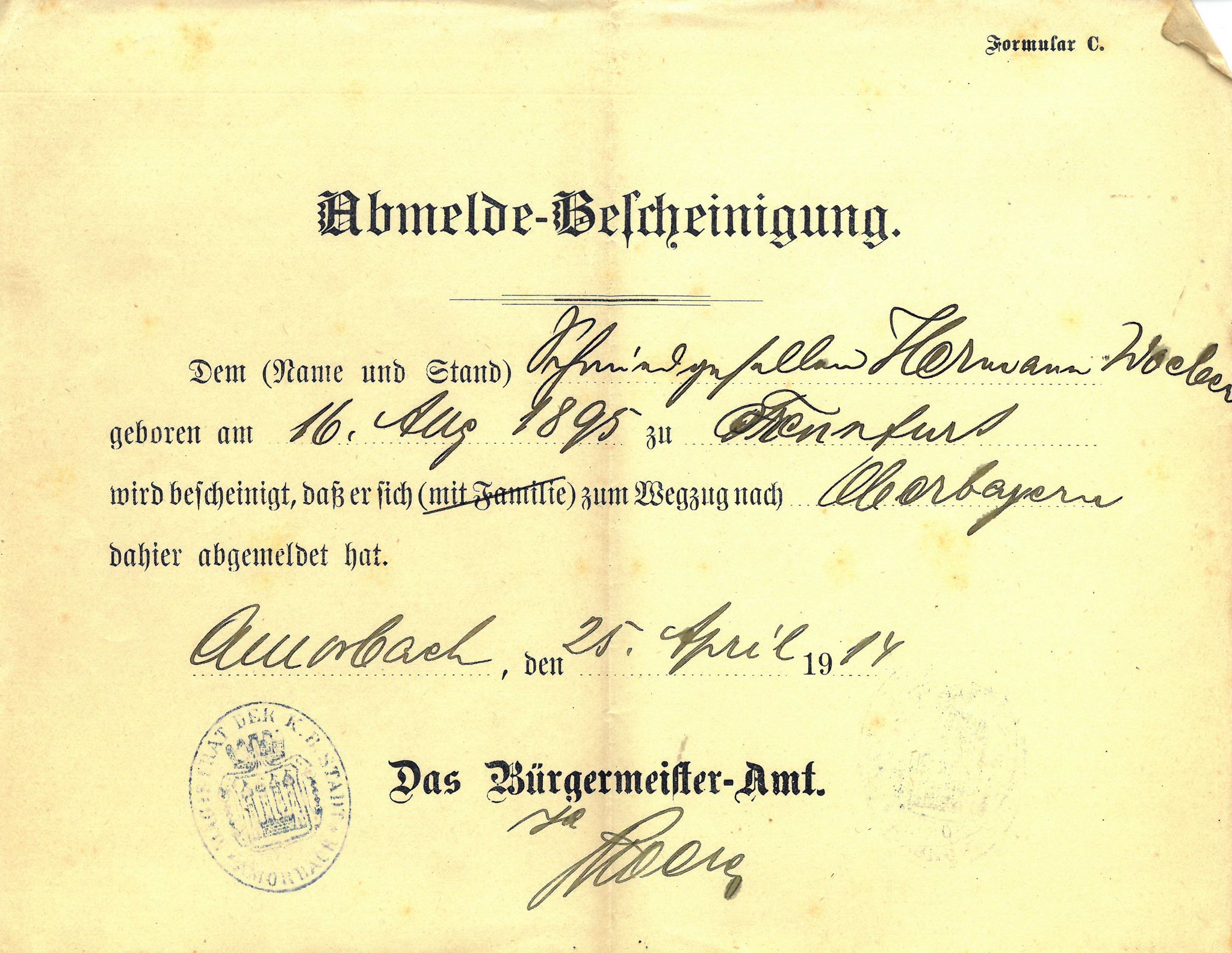 Abmeldebescheinigung Hermann Wöber