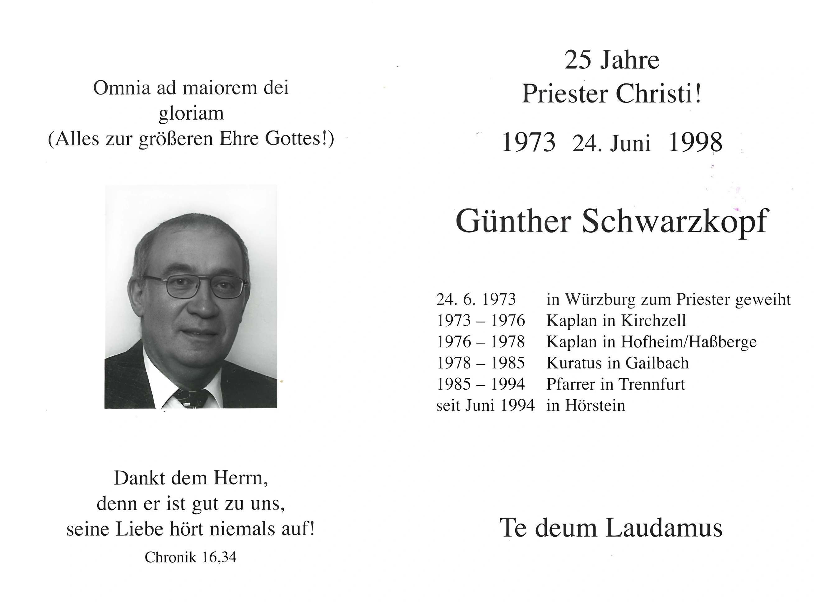 Andenkenkarte an das 25. Priesterjubiläum von Günther Schwarzkopf