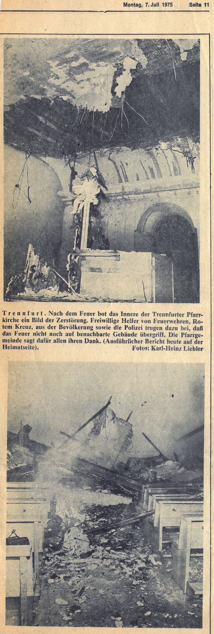 Zeitungsartikel zum Kirchenbrand der Pfarrkirche St. Maria Magdalena 1975