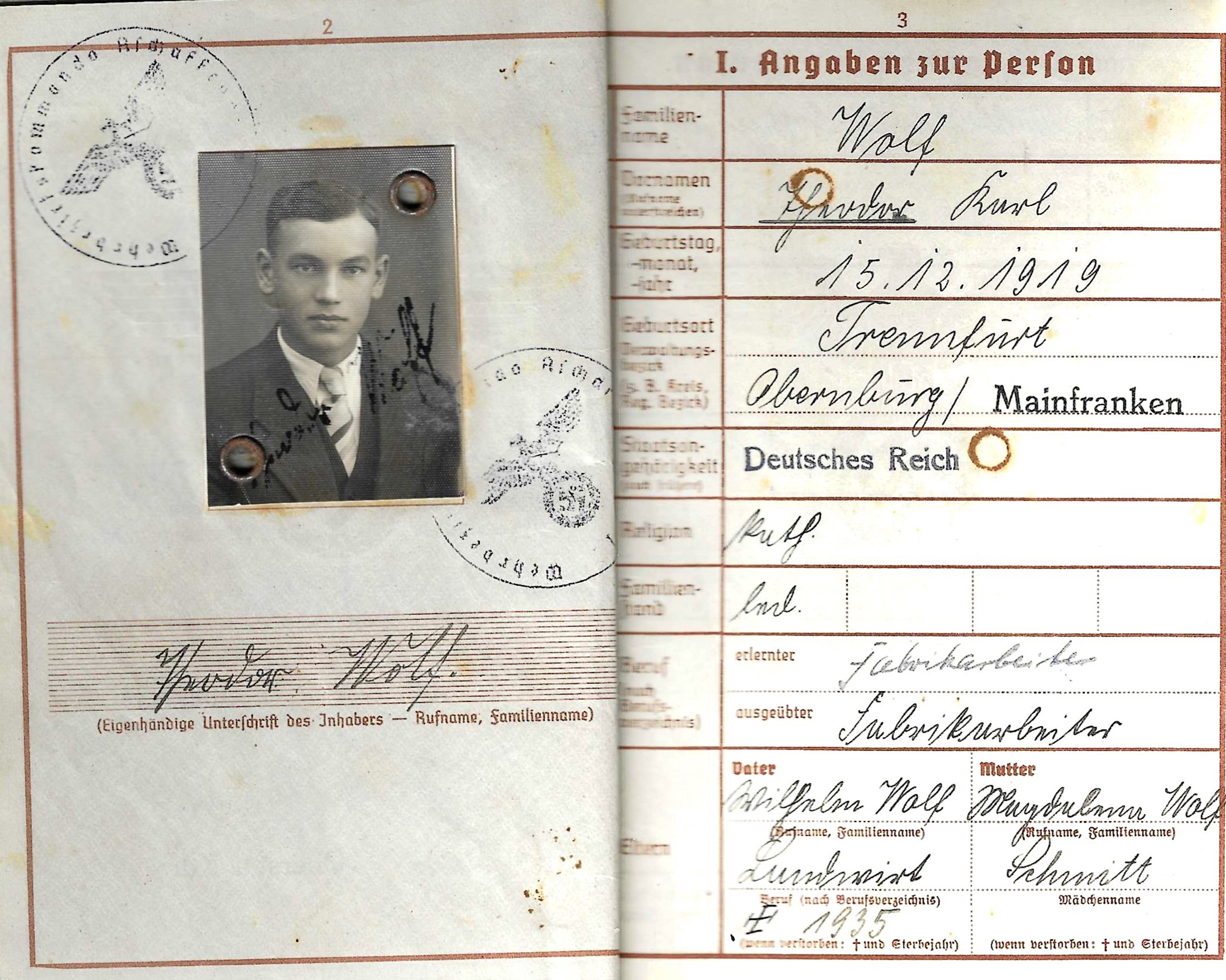 Wehrpass von Theodor Wolf