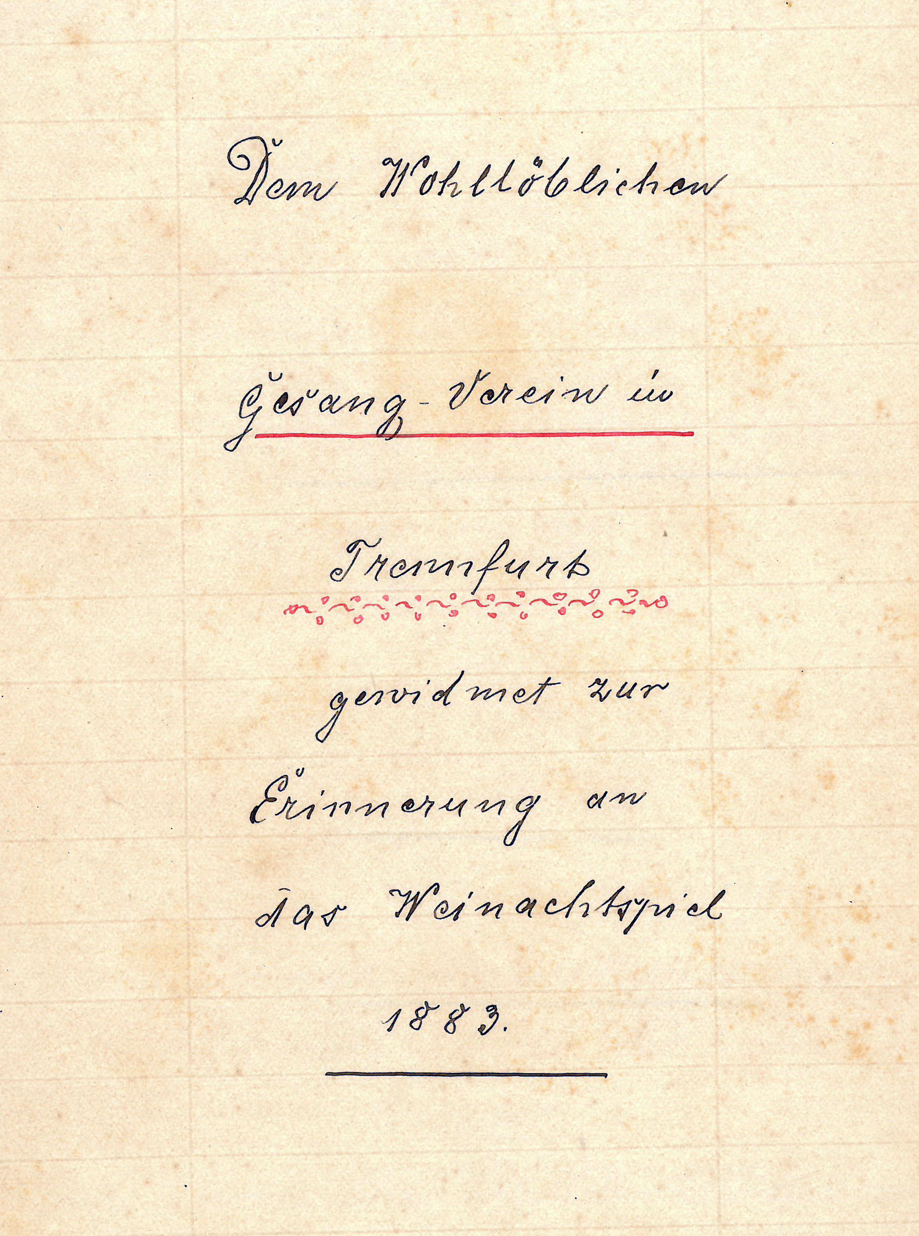 Rückseitenbeschriftung zum Bild  der Theatergruppe der Sängervereinigung anl. eines Weihnachtsspiels 1883